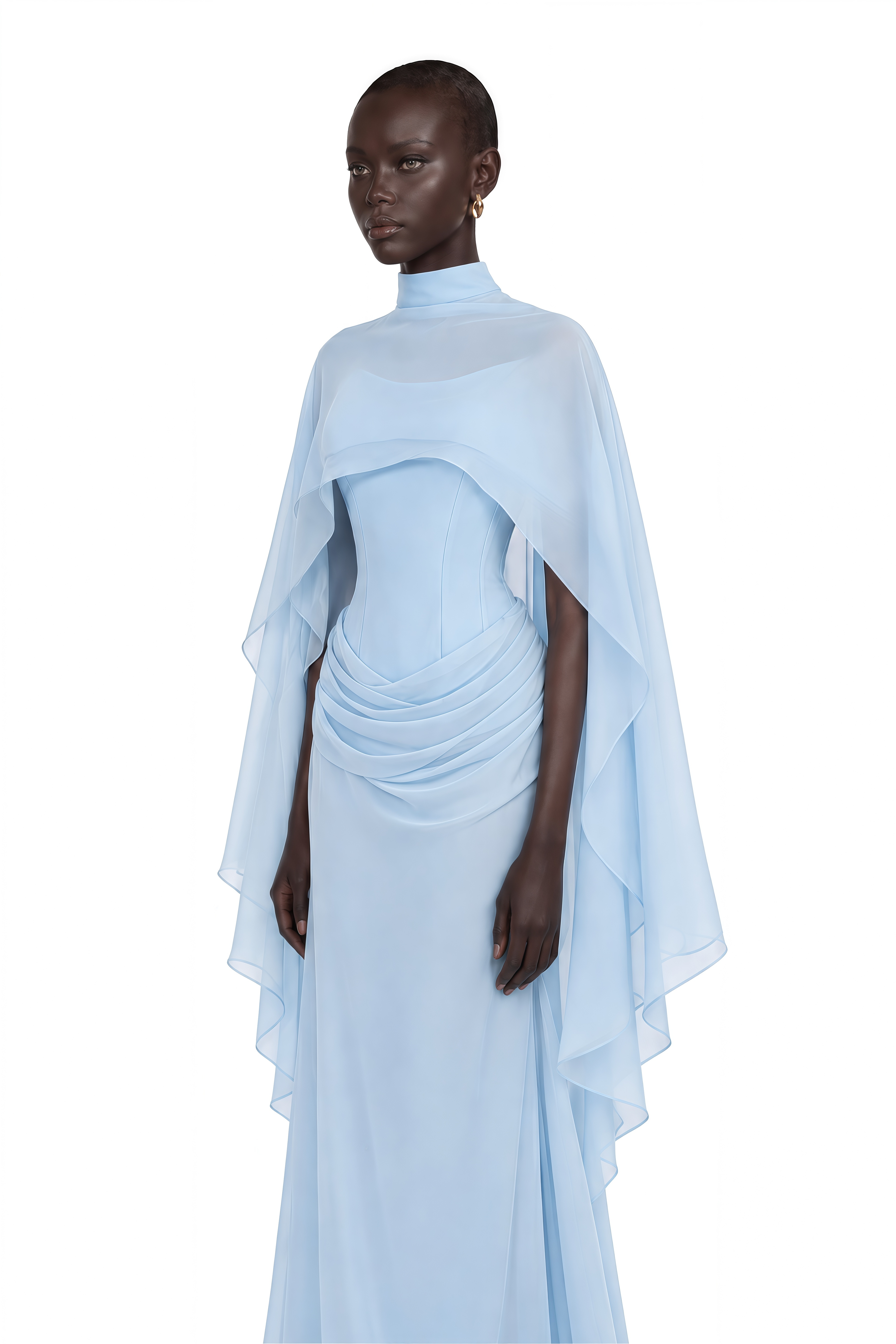 Wasifa Blue Cape & Strapless Draped Maxi Dress Set