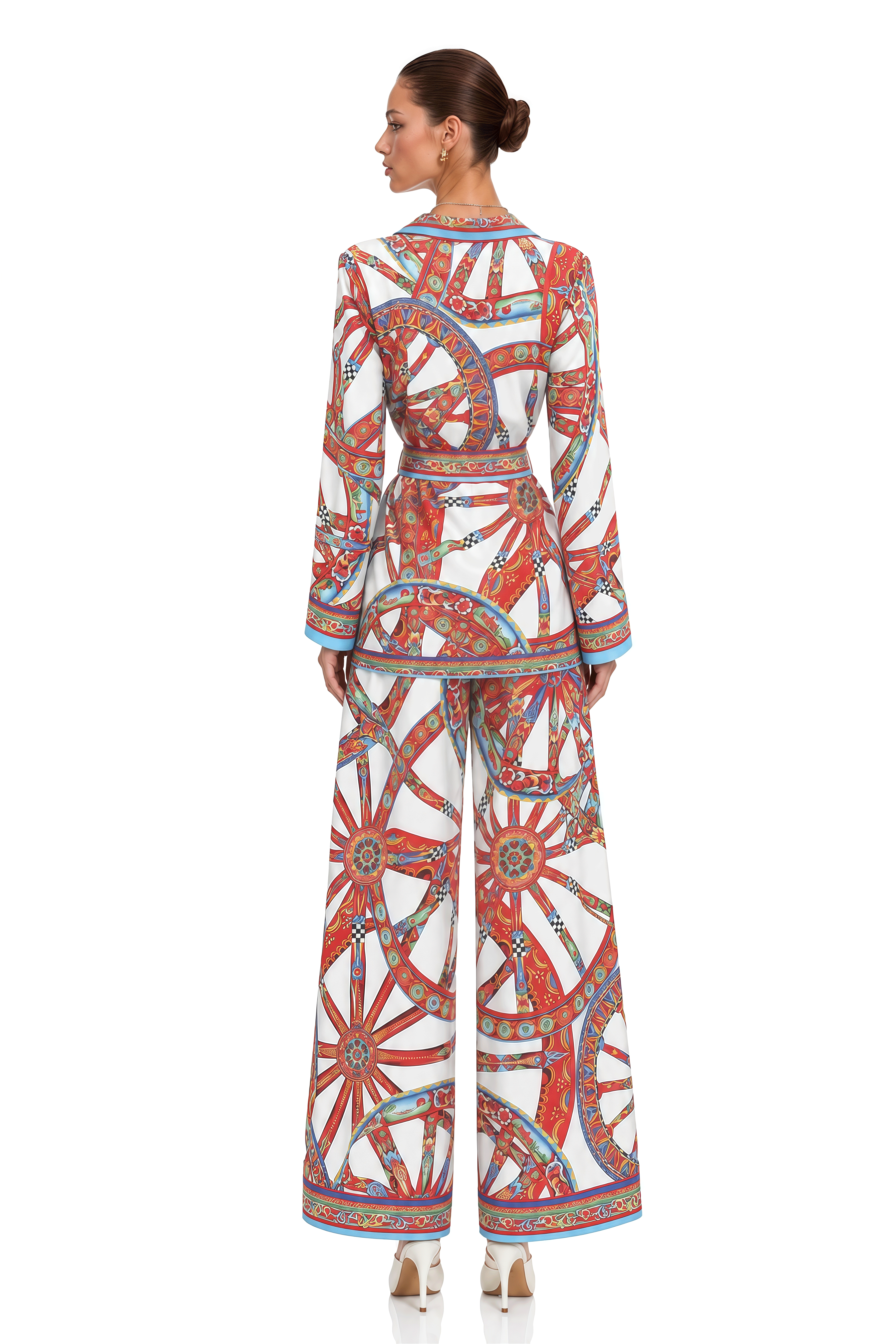 Whinnie Red Printed Blouse & Wide Leg Trousers Set