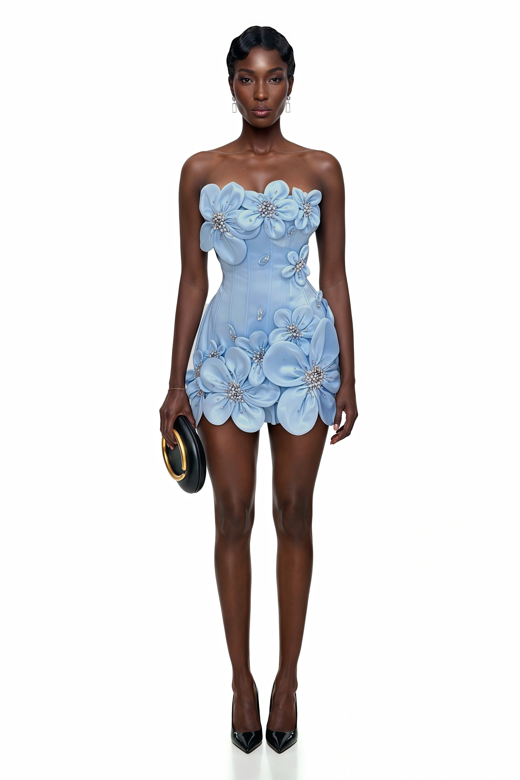 Light blue strapless mini dress featuring a structured corset bodice, detailed with embellished 3D floral appliqués