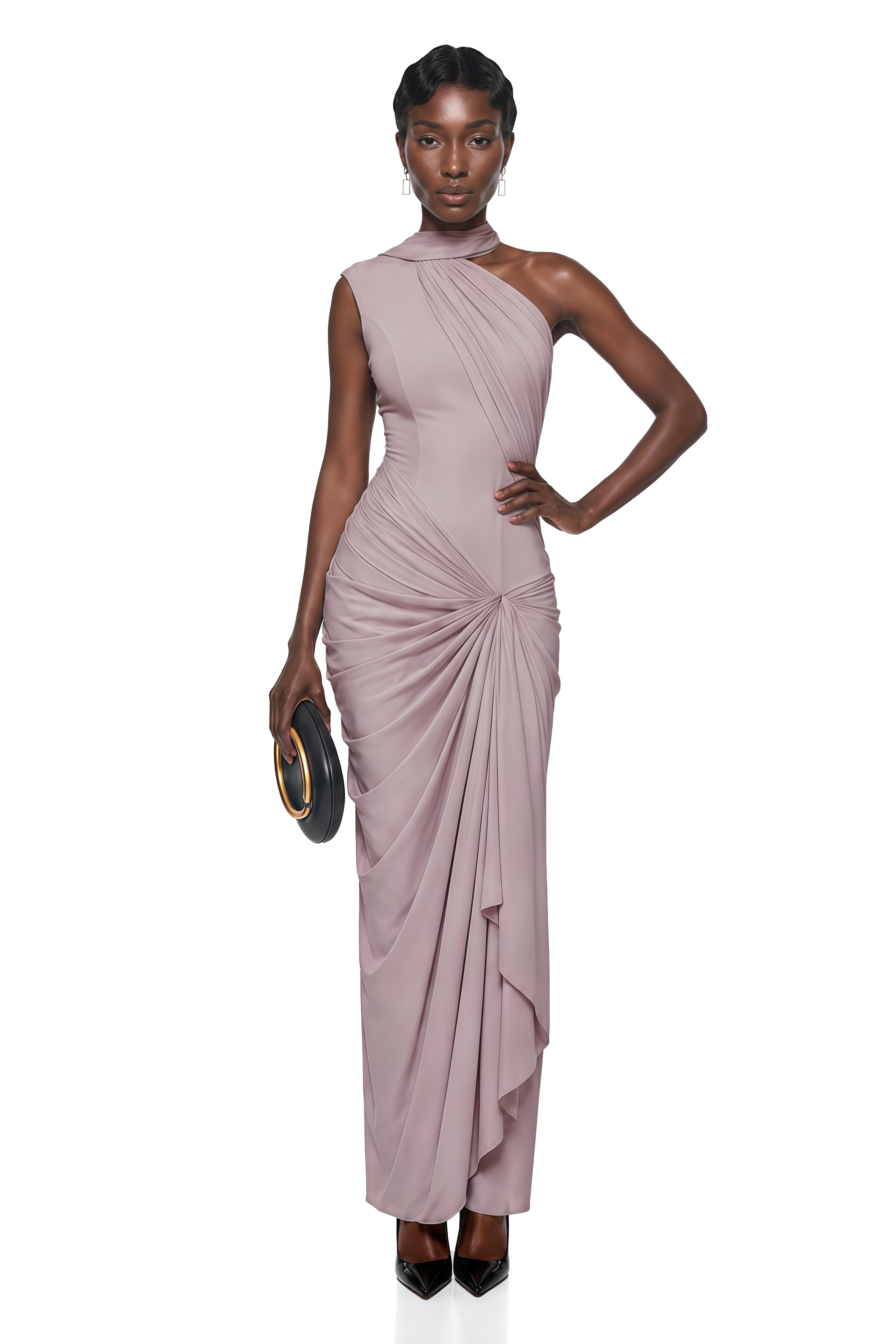 pink asymmetrical dress Wilhelmina Dusty Ruched Maxi night dresses party Hunter Bell Vera Long-Sleeve Color:Cloud Blue Stretchy crepe knit shapes