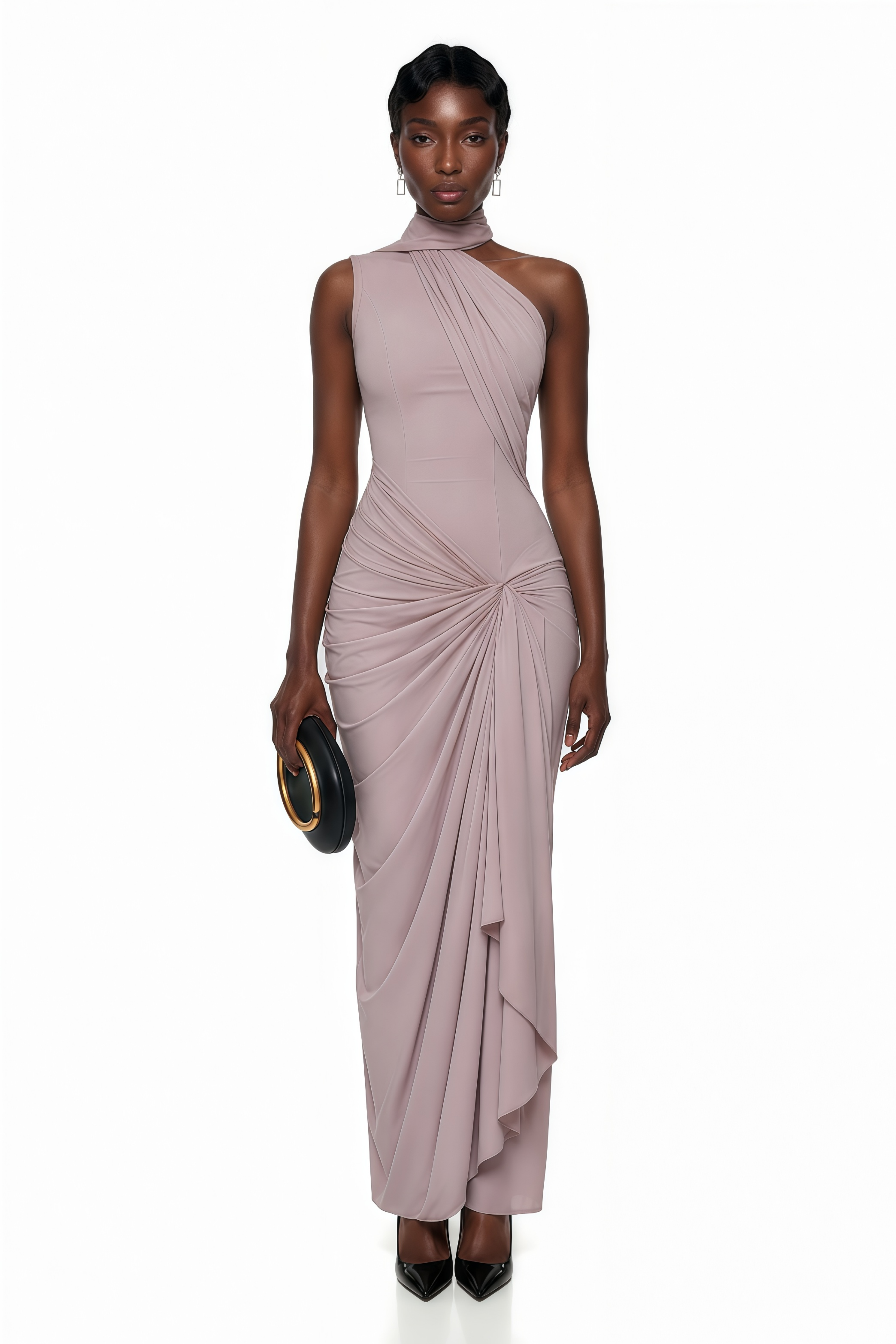 Mauve maxi dress featuring a high halter neck, an asymmetric draped bodice, and a knotted ruched skirt
