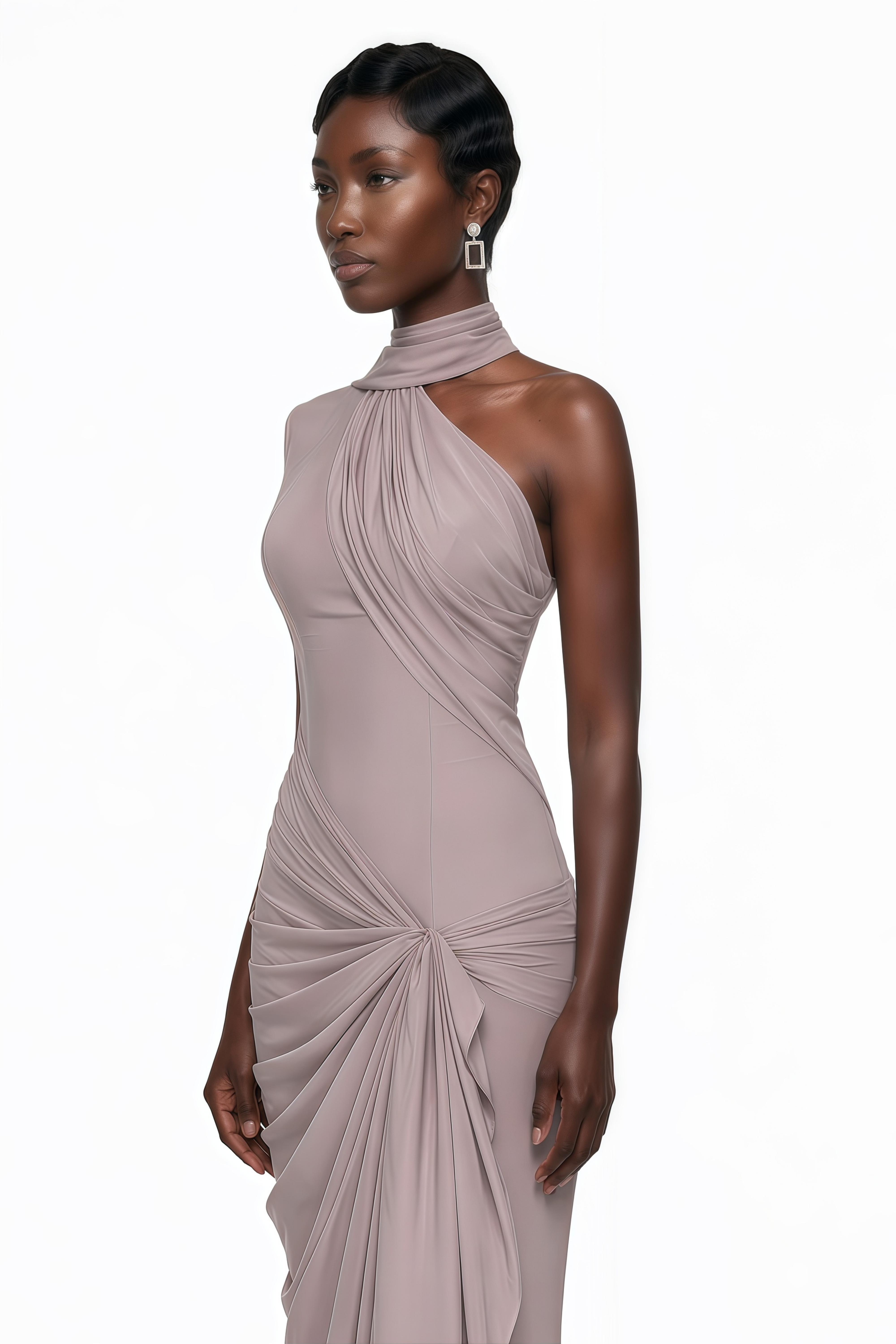 Mauve maxi dress featuring a high halter neck, an asymmetric draped bodice, and a knotted ruched skirt
