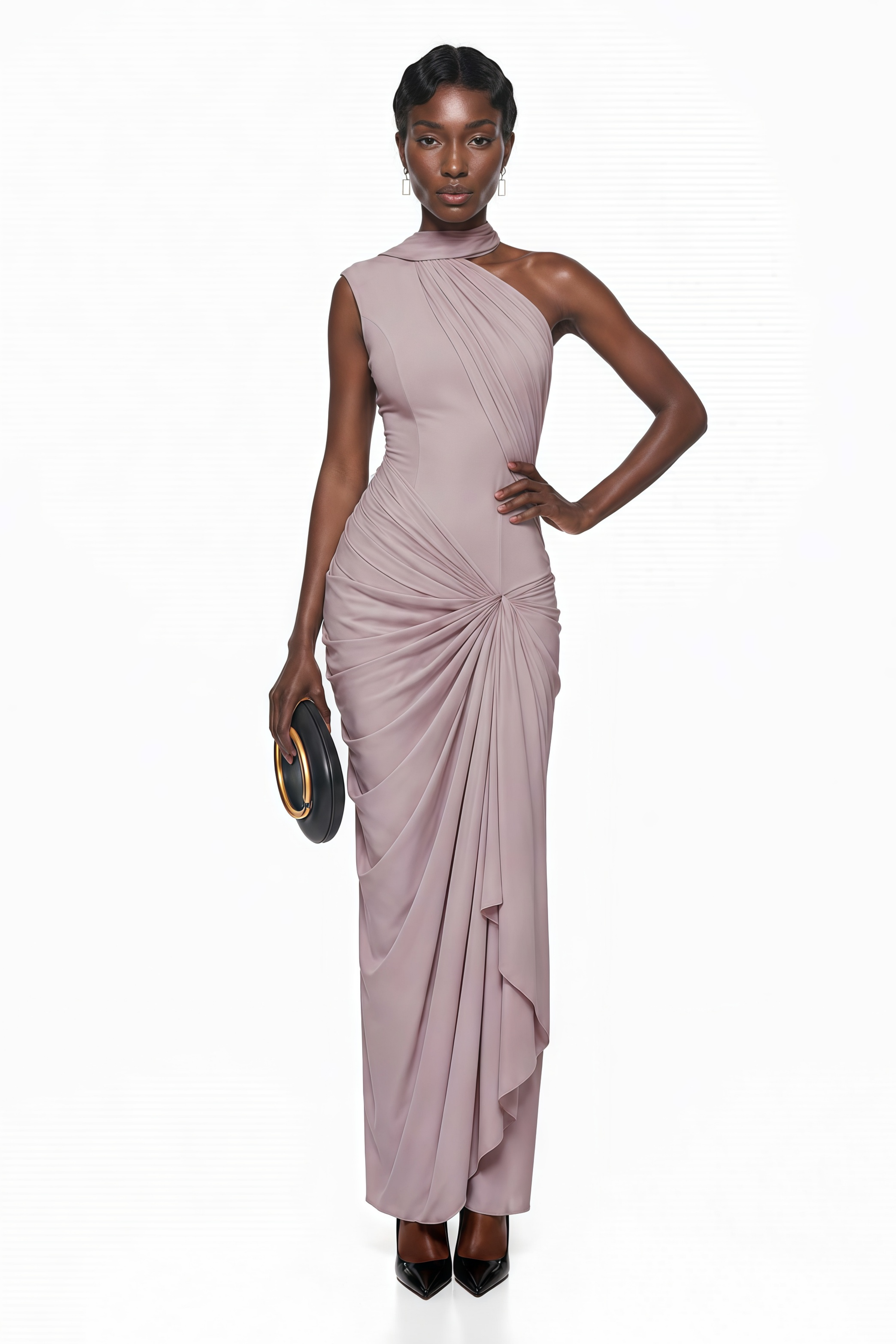 Mauve maxi dress featuring a high halter neck, an asymmetric draped bodice, and a knotted ruched skirt