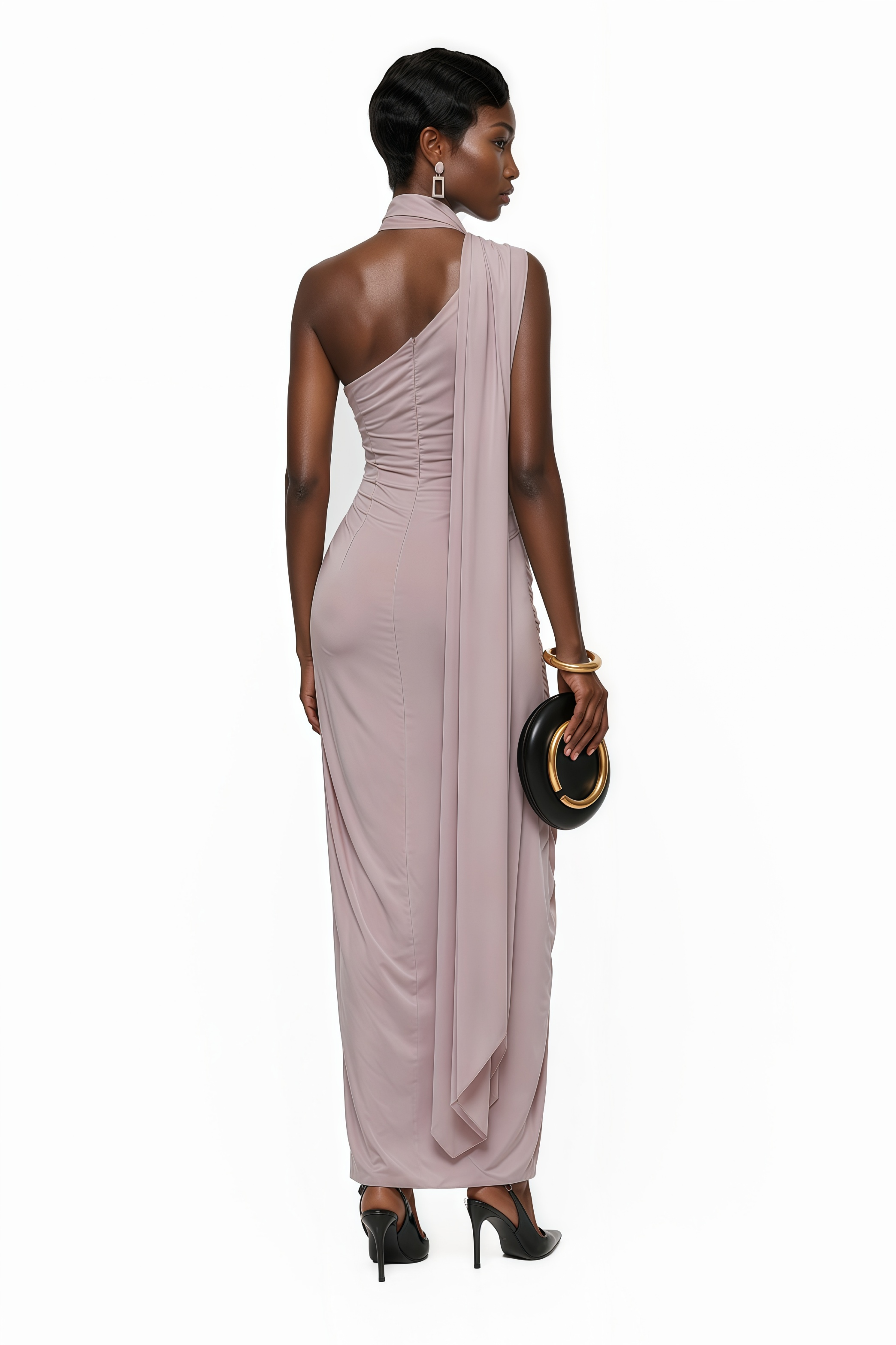 Mauve maxi dress featuring a high halter neck, an asymmetric draped bodice, and a knotted ruched skirt