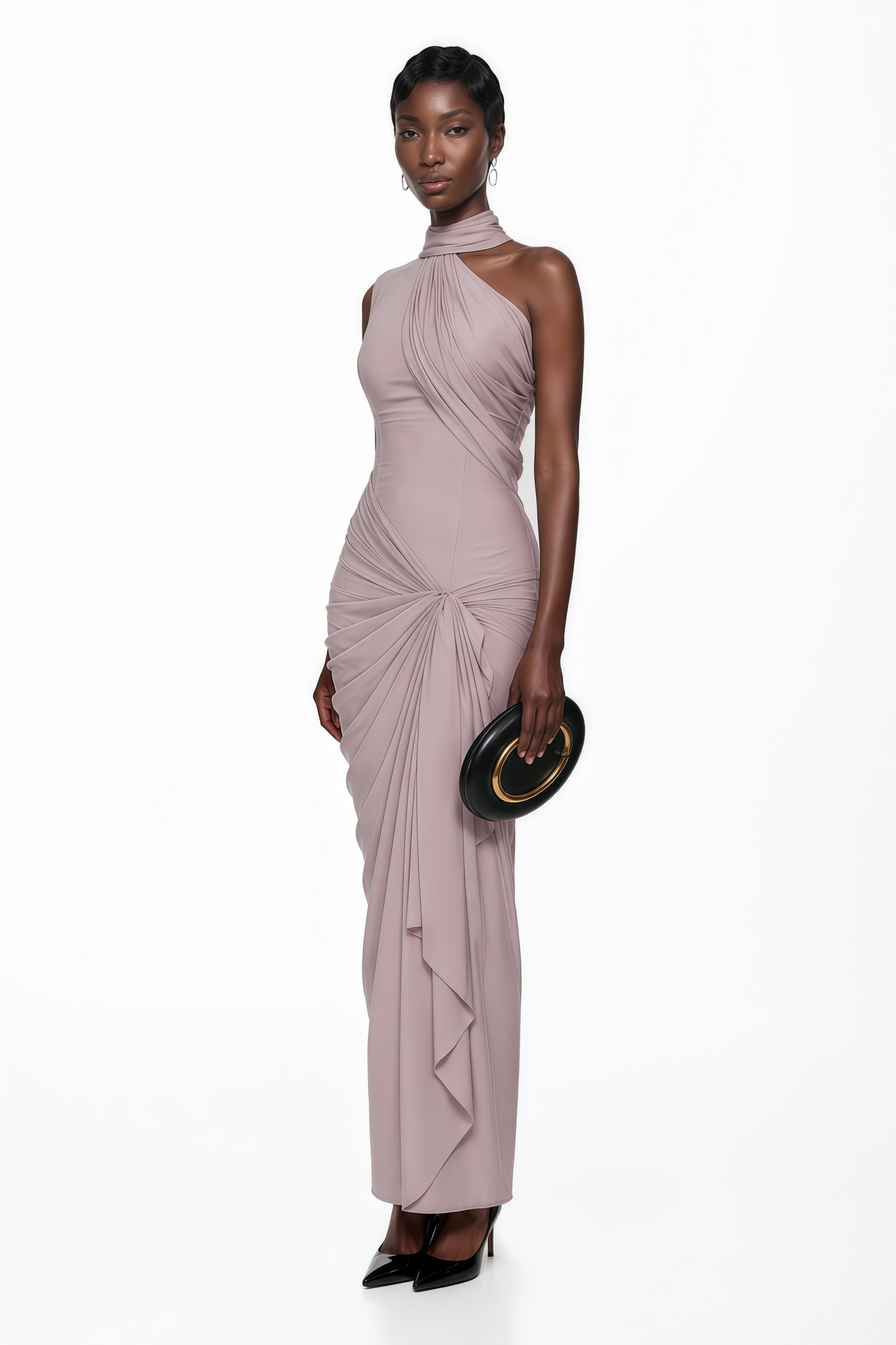 Mauve maxi dress featuring a high halter neck, an asymmetric draped bodice, and a knotted ruched skirt