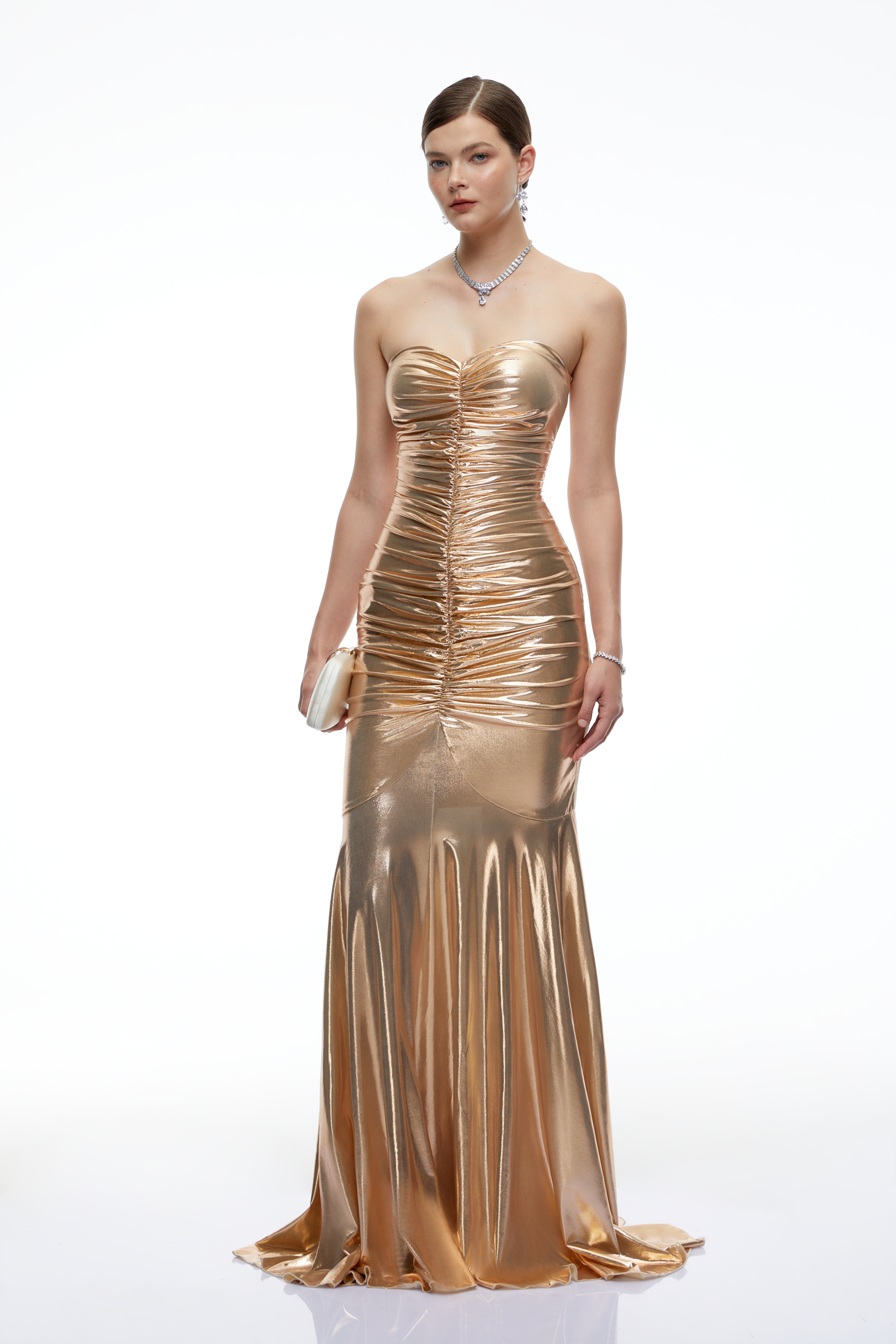 Willa Gold Metallic Strapless Ruched Maxi Dress
