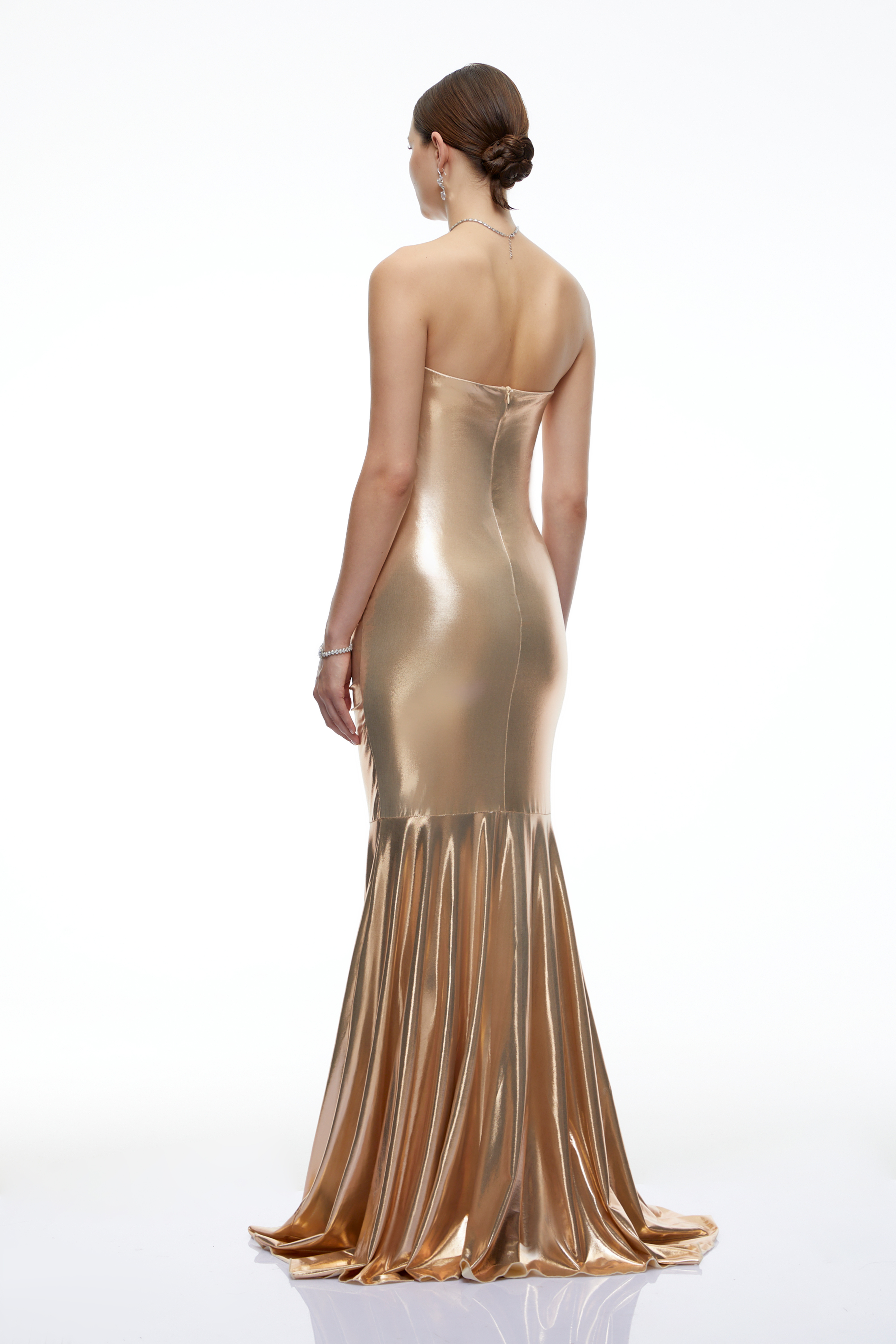 Willa Gold Metallic Strapless Ruched Maxi Dress