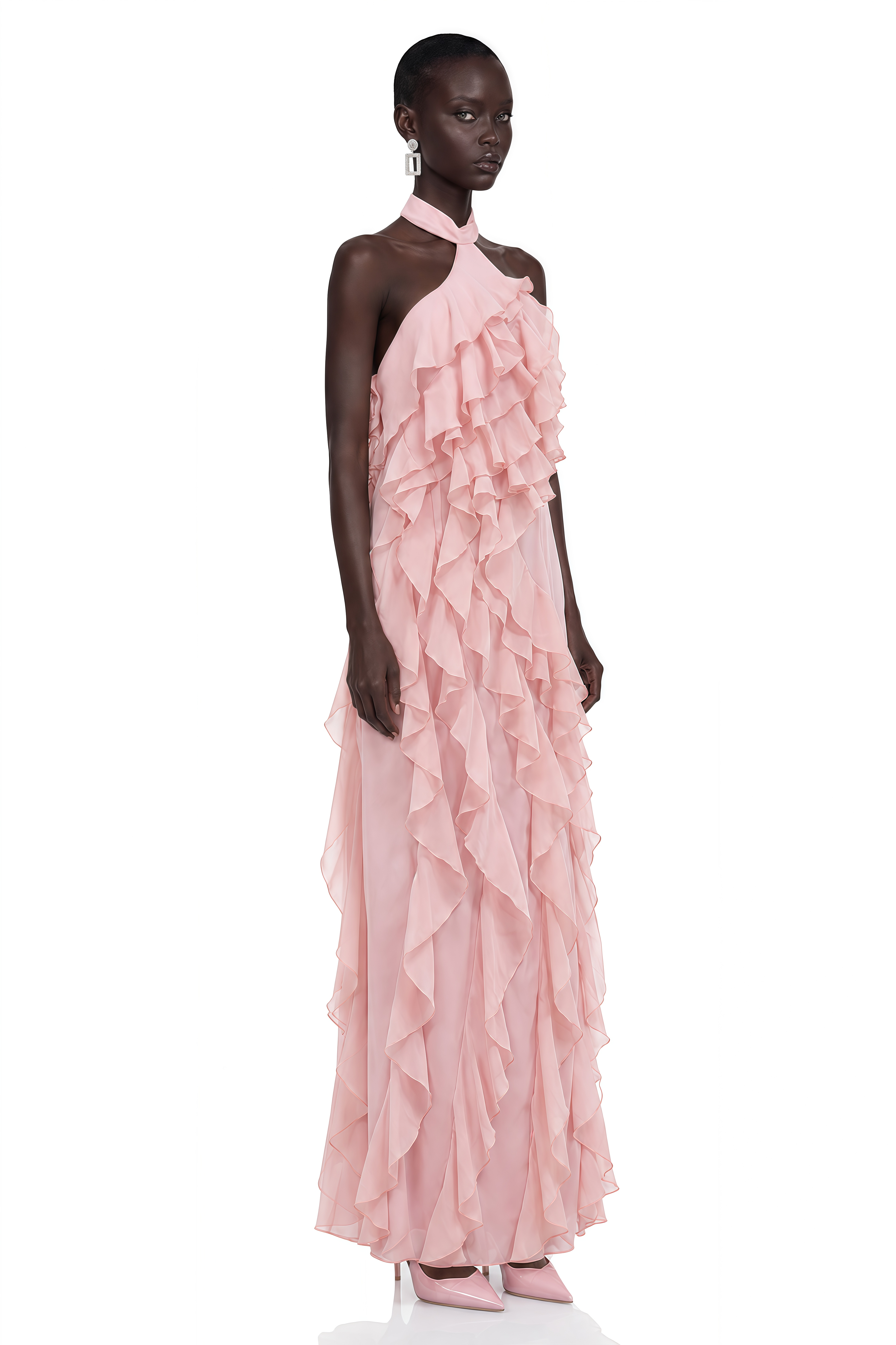 Winifred Pink Ruffle Halterneck Maxi Dress