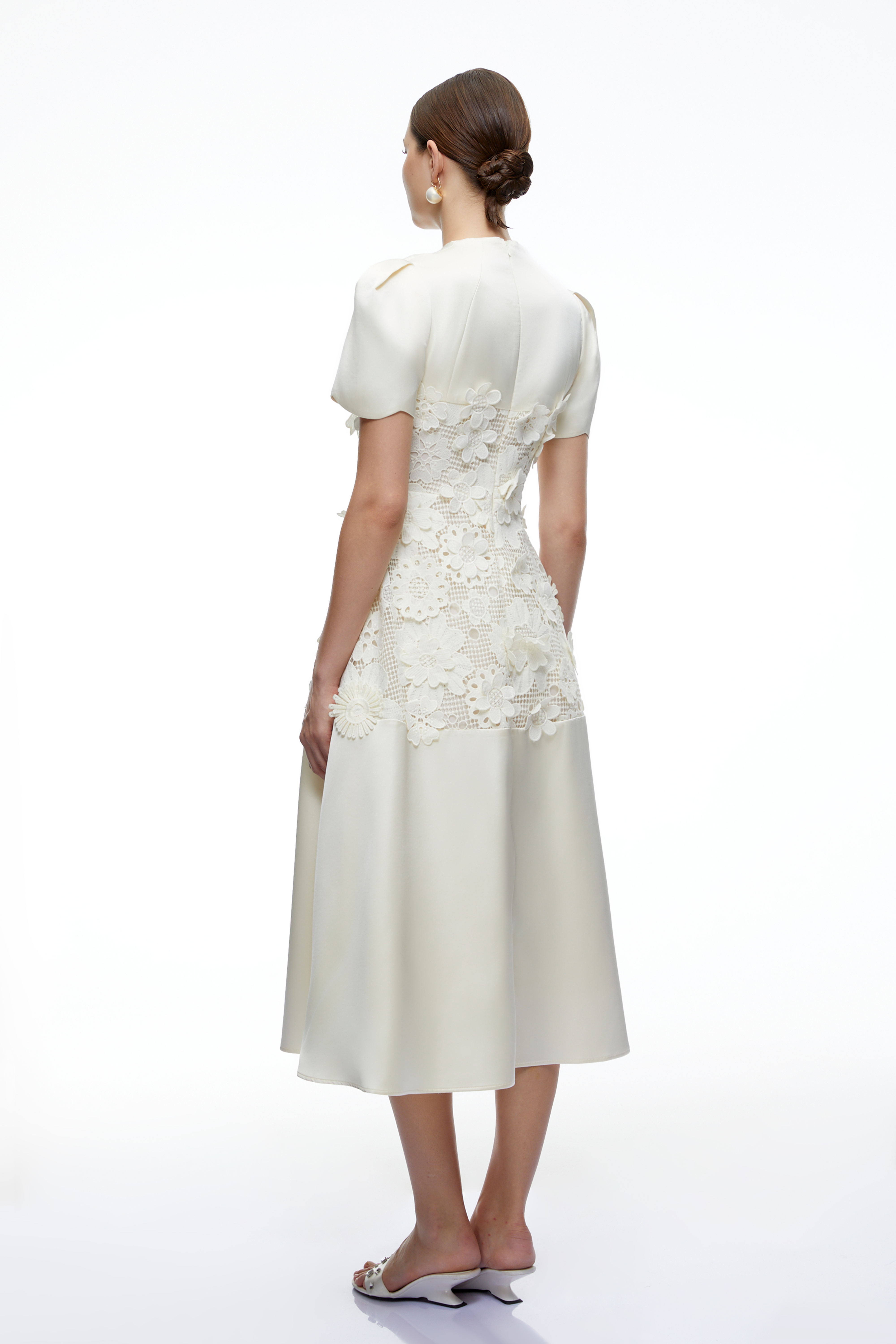 Winifred White V-Neck Midi Dress with Puff Sleeves