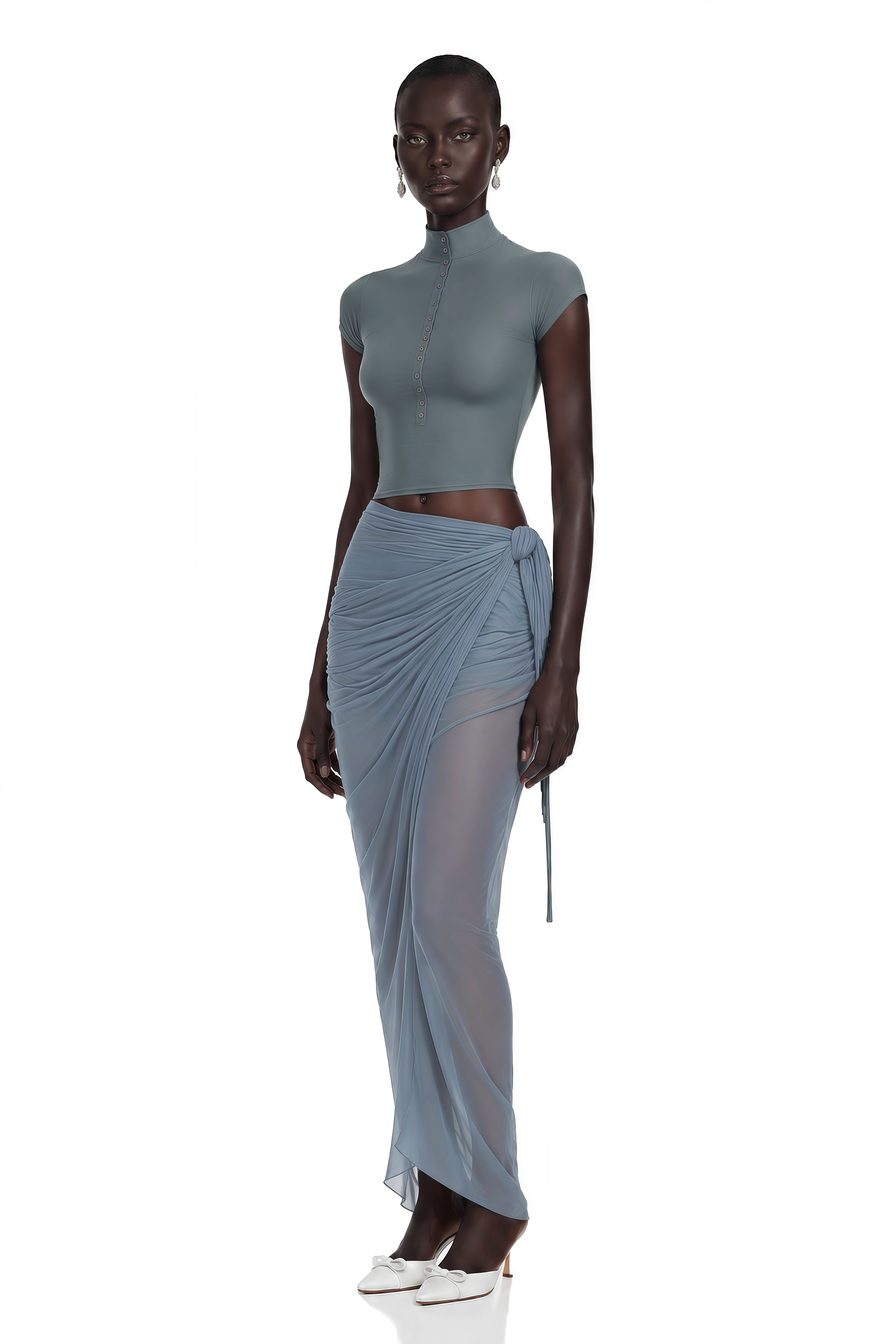 Dusty blue high-neck crop top and draped maxi skirt set