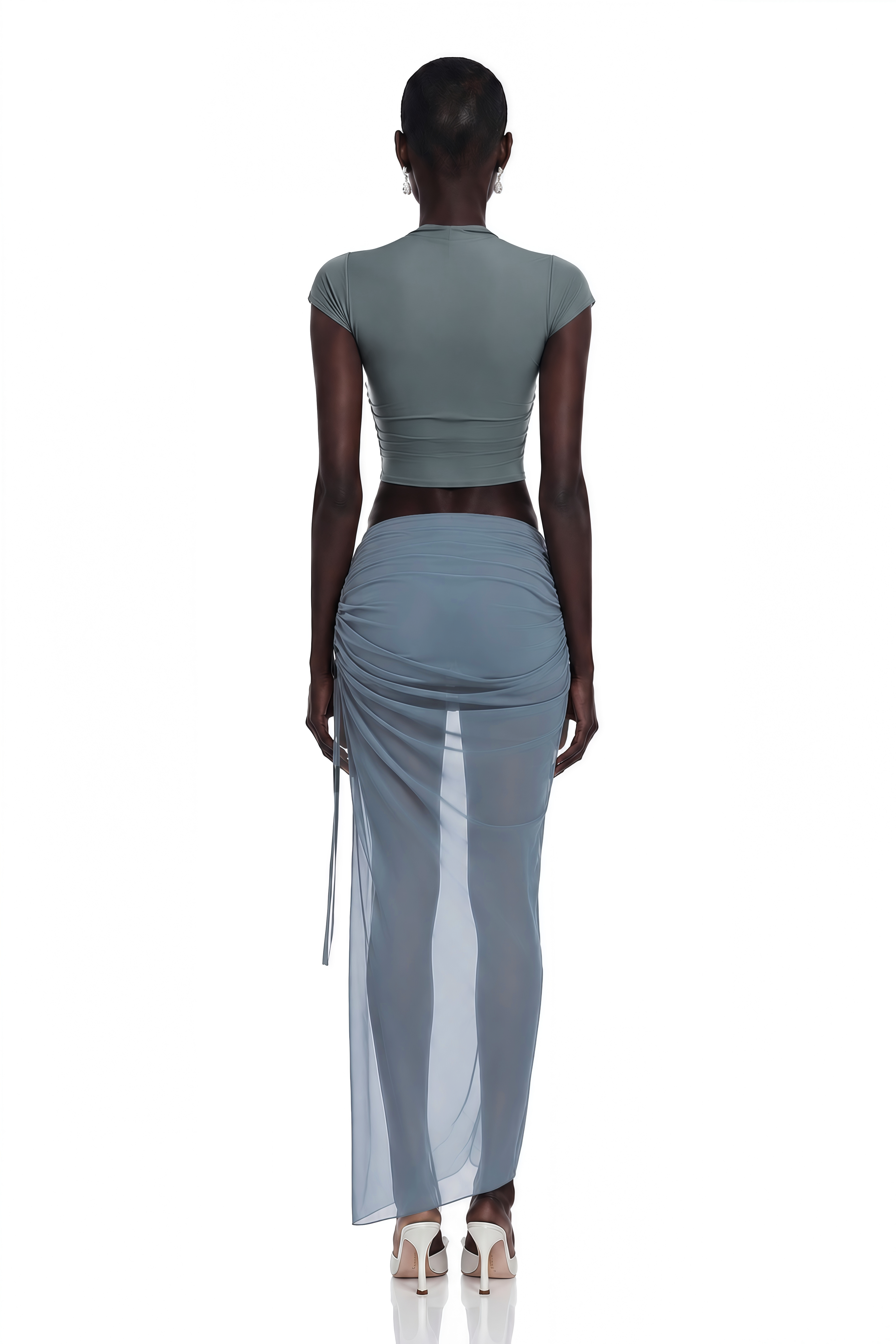 Dusty blue high-neck crop top and draped maxi skirt set