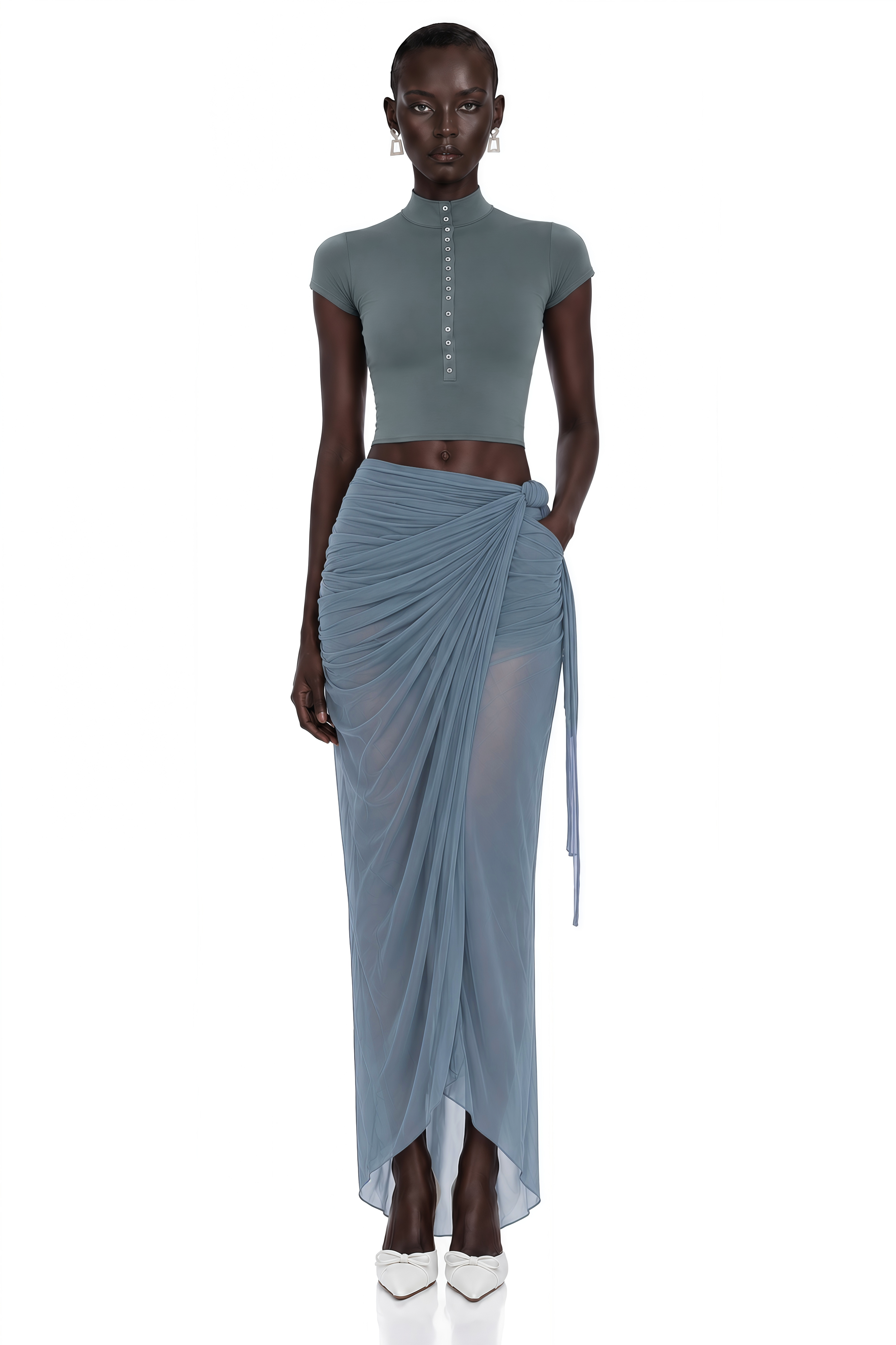 Dusty blue high-neck crop top and draped maxi skirt set