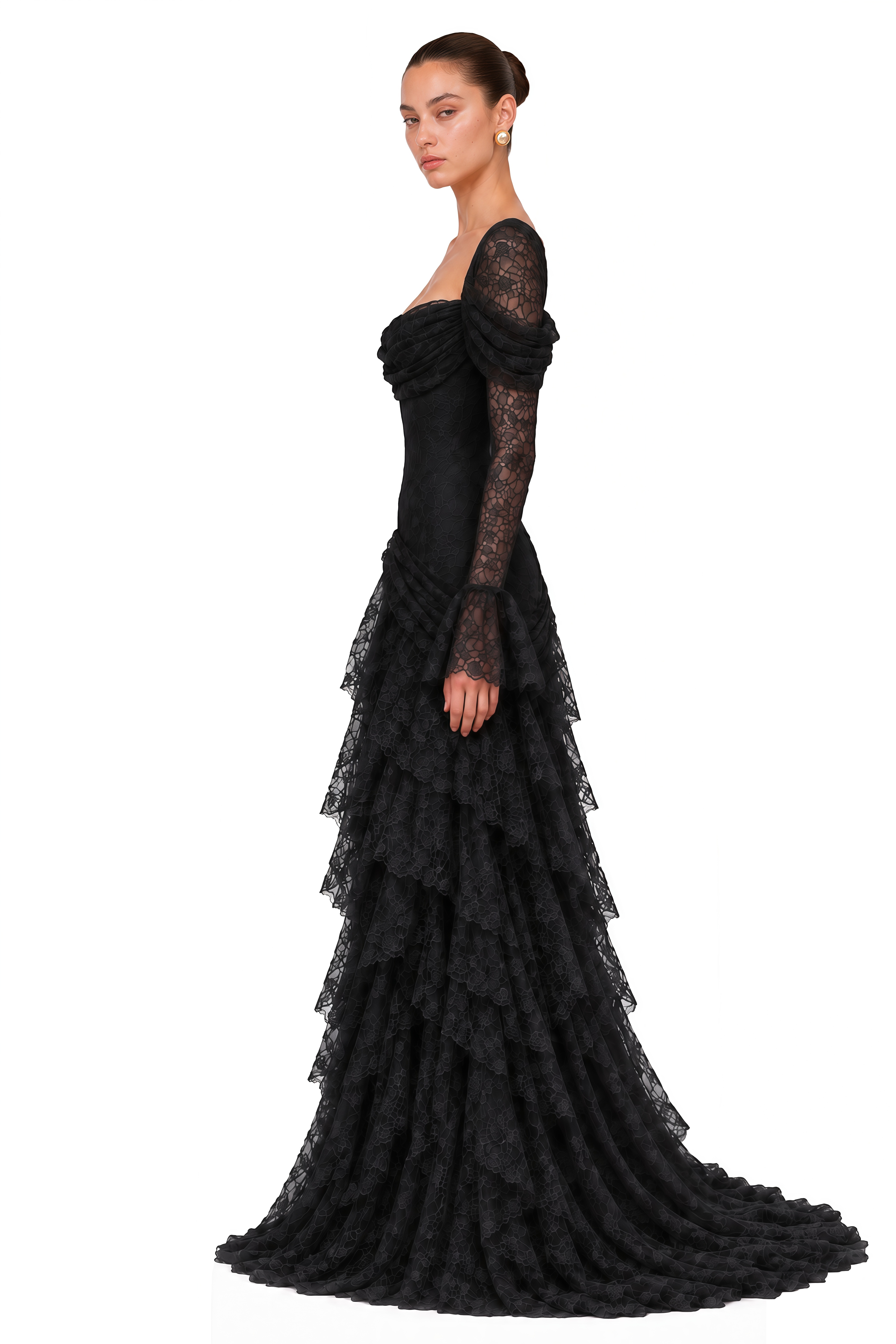 Wrenlee Black Lace Draped Maxi Dress
