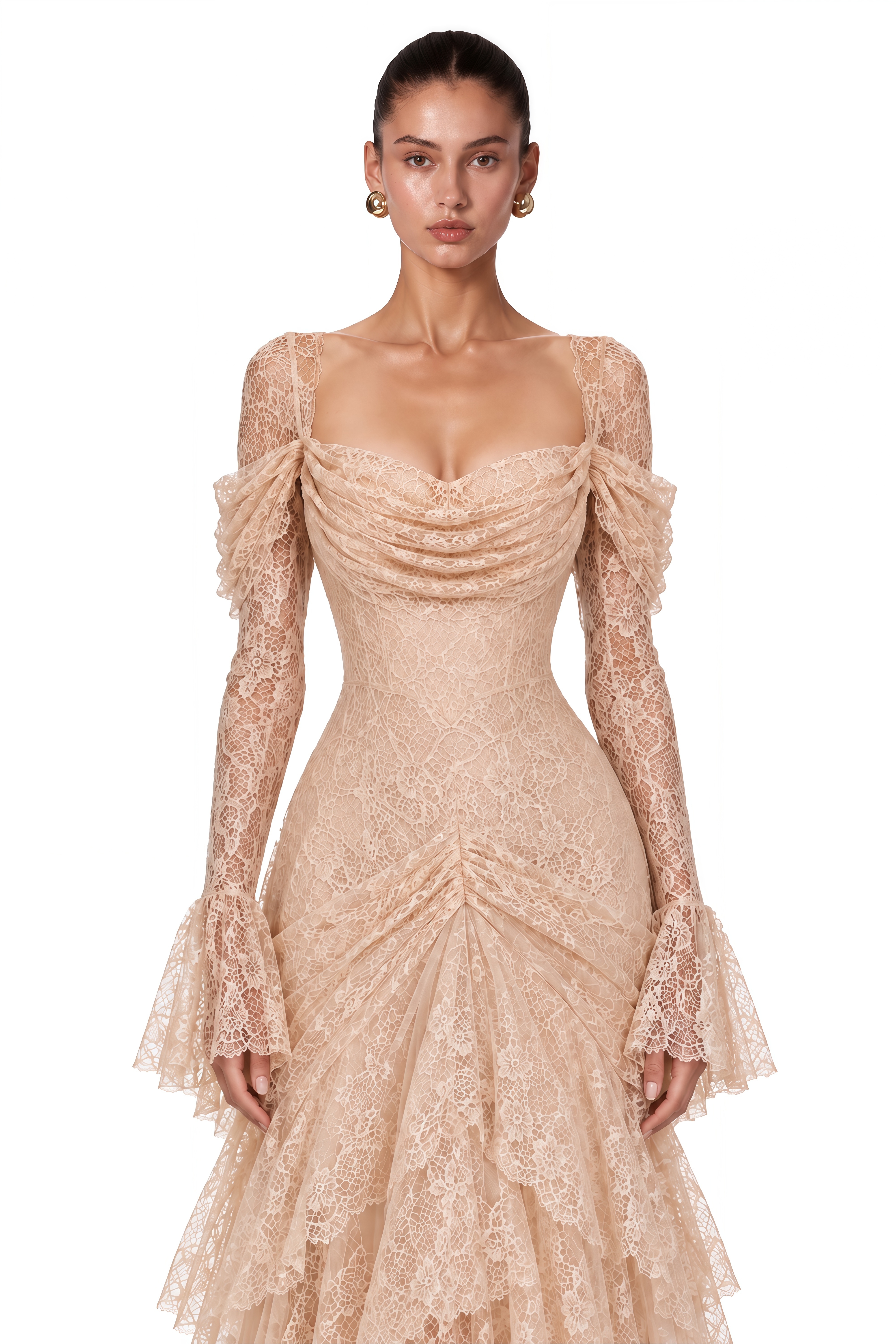 Wrenlee Neutral Lace Draped Maxi Dress
