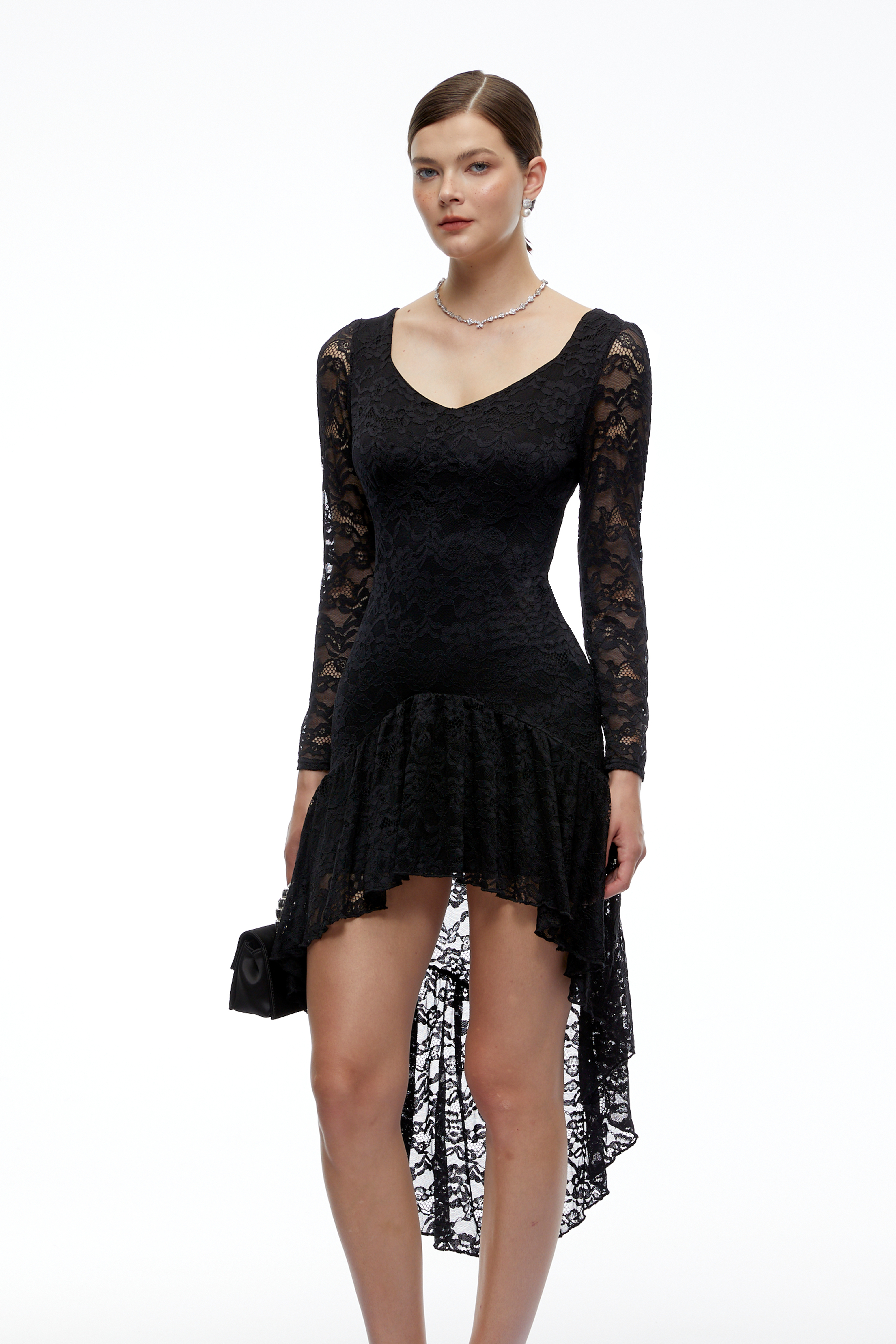 Wynter Black Lace Ruffled High-Low Midi Dress