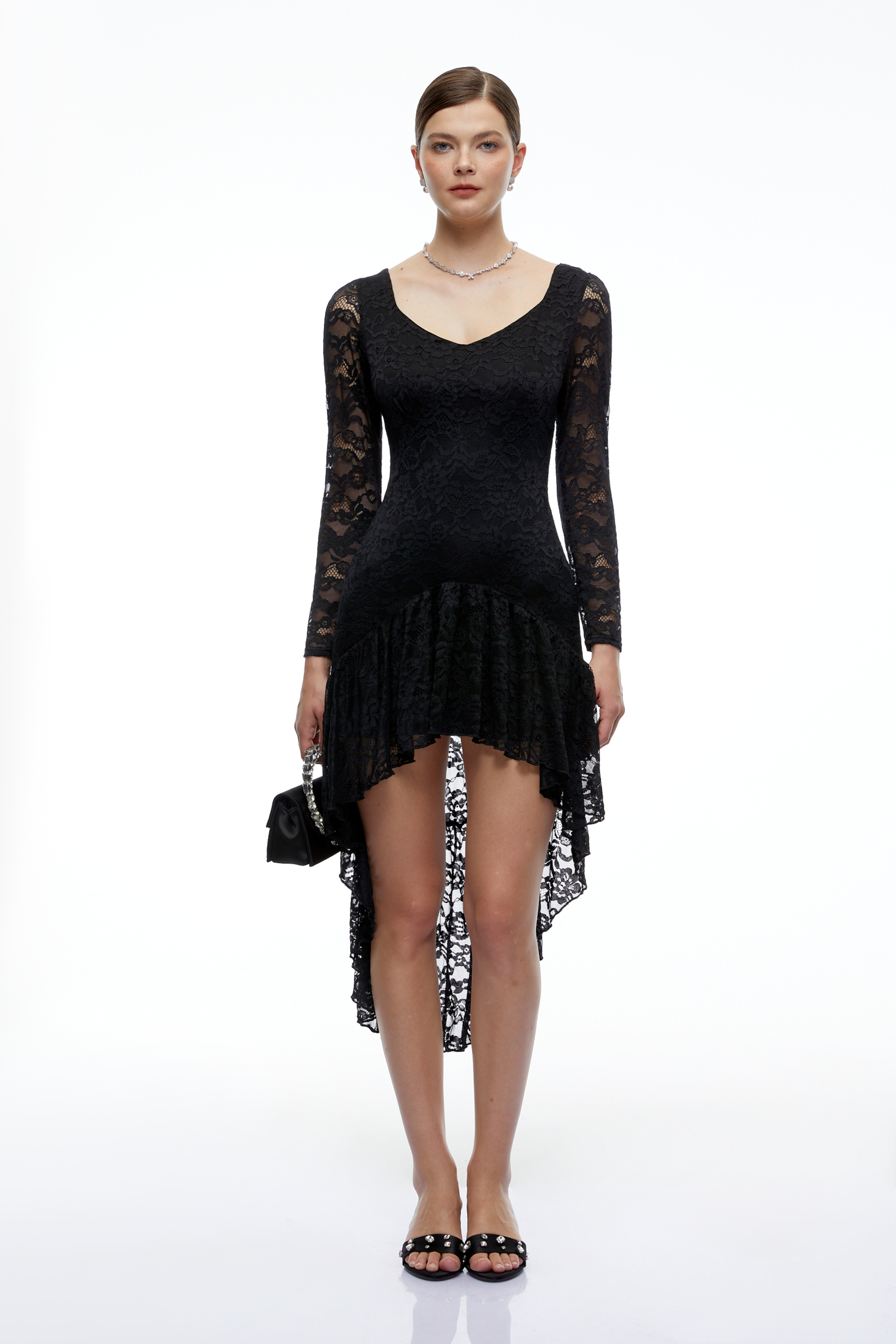 Wynter Black Lace Ruffled High-Low Mini Dress