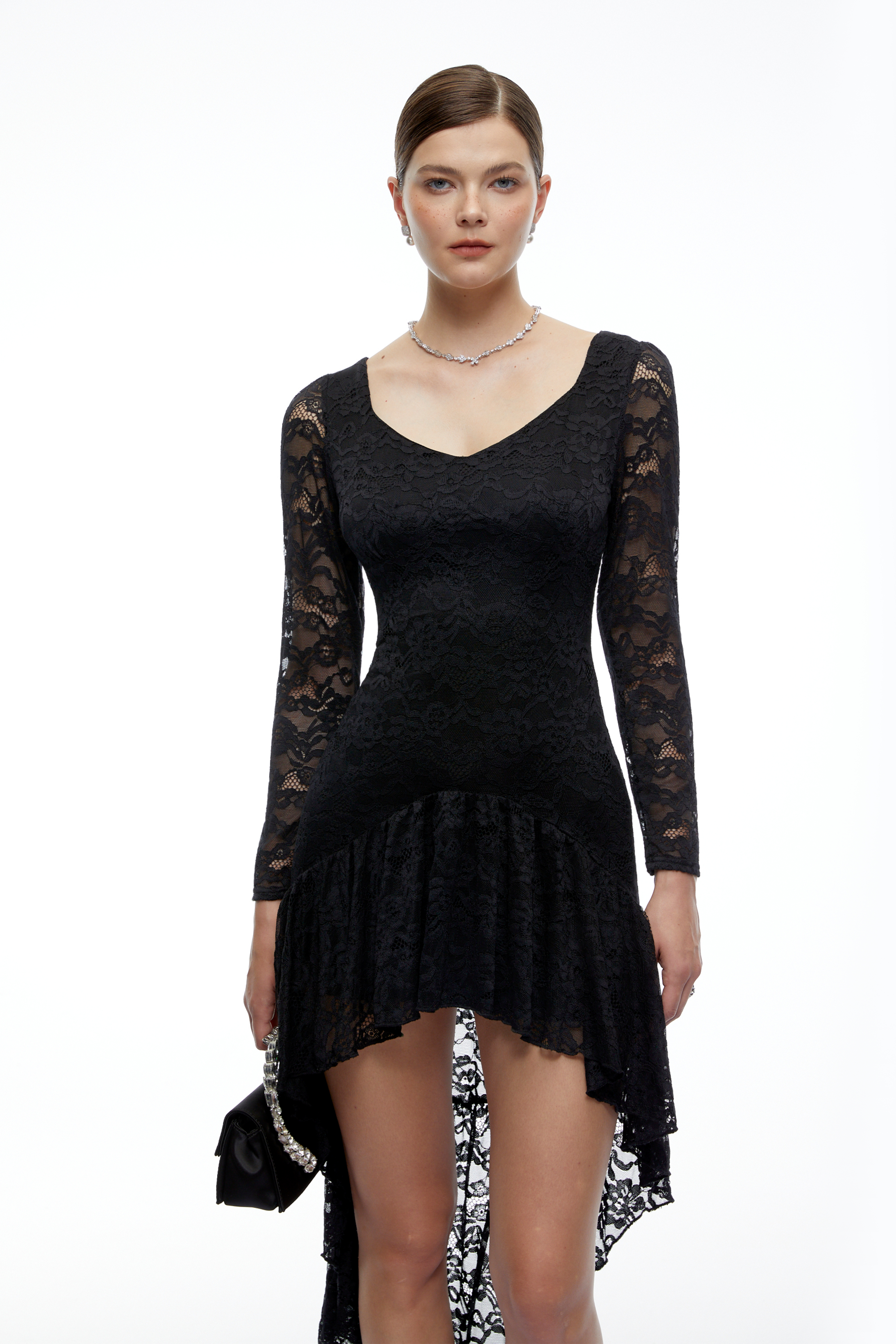 Wynter Black Lace Ruffled High-Low Mini Dress