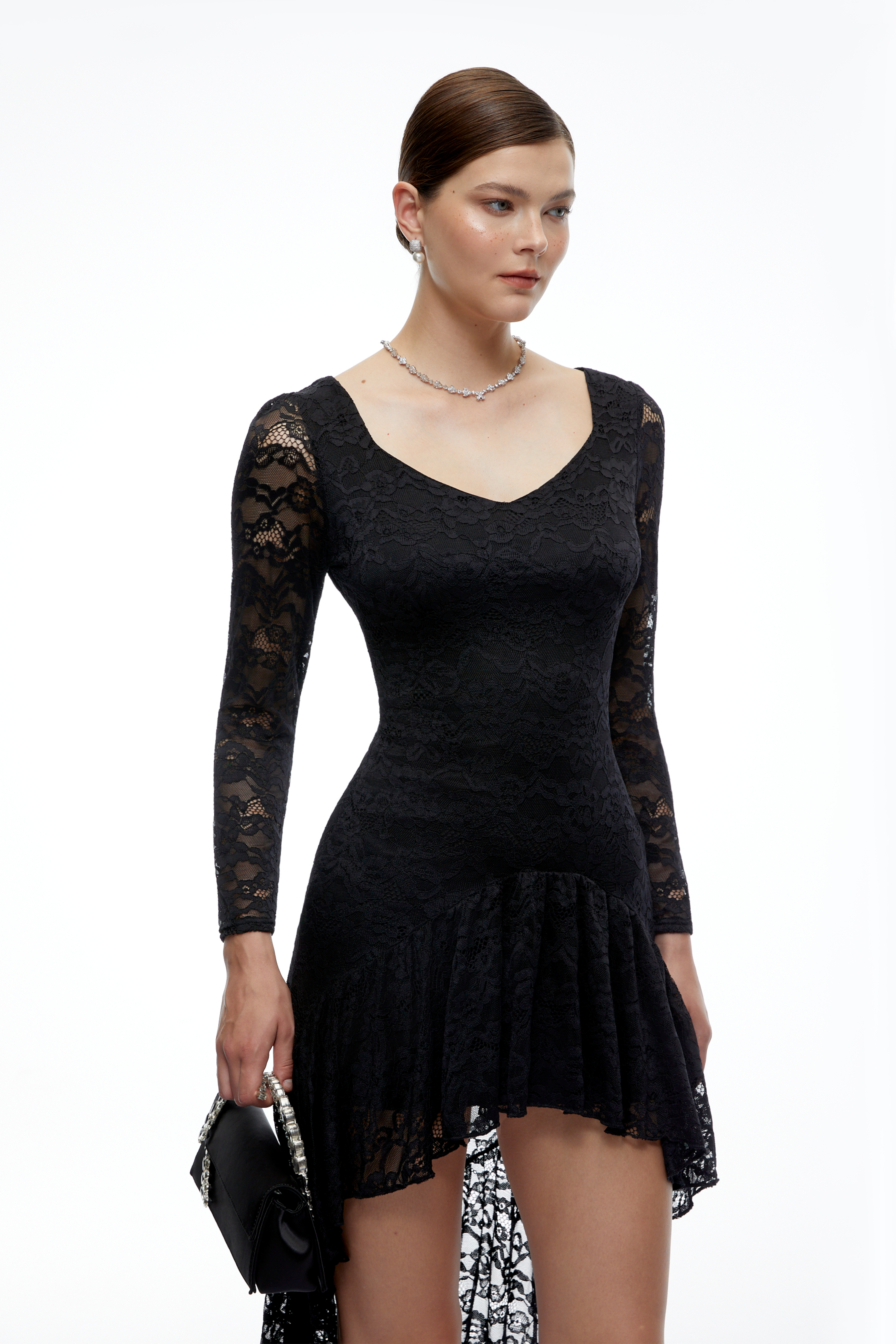 Wynter Black Lace Ruffled High-Low Mini Dress