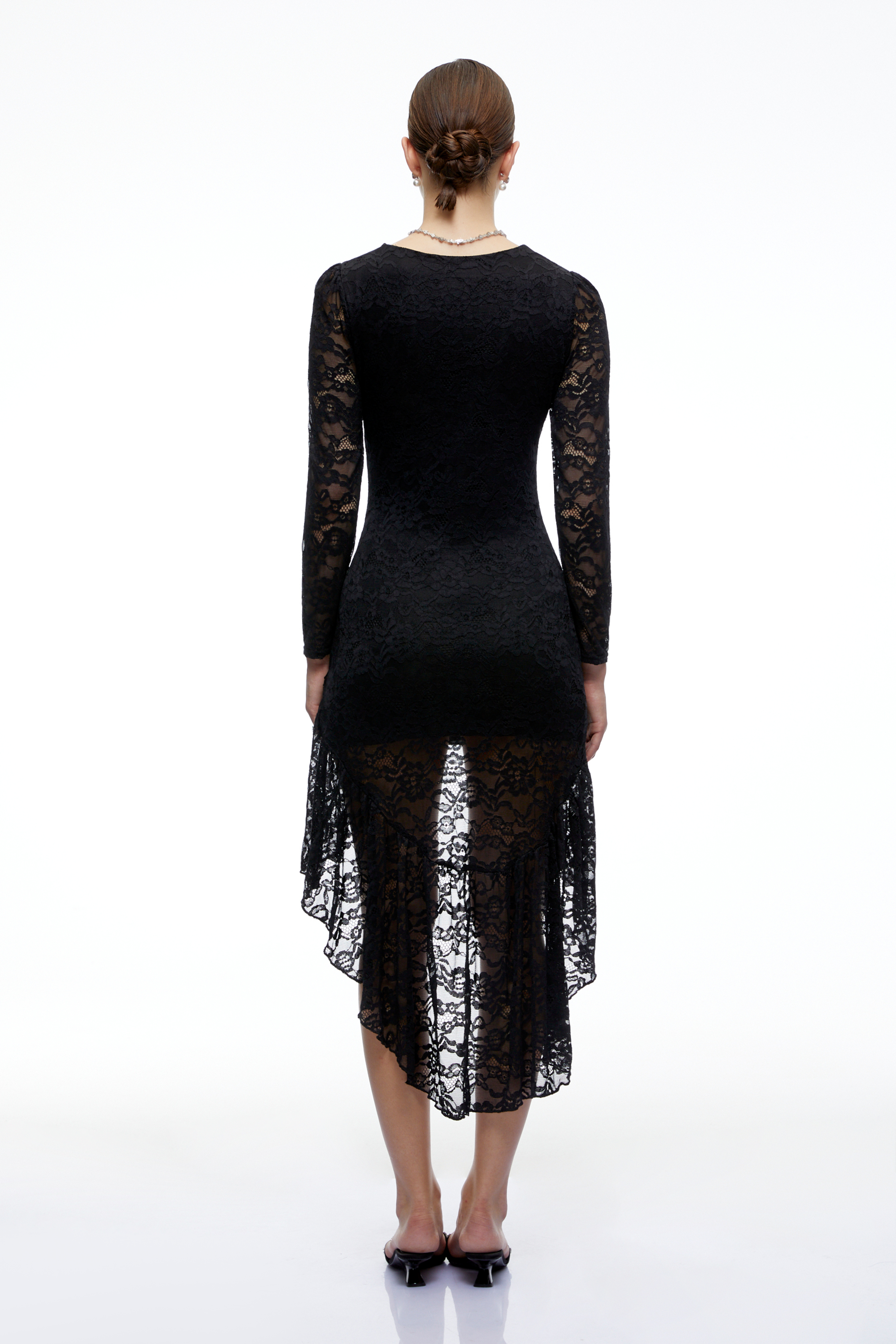 Wynter Black Lace Ruffled High-Low Mini Dress