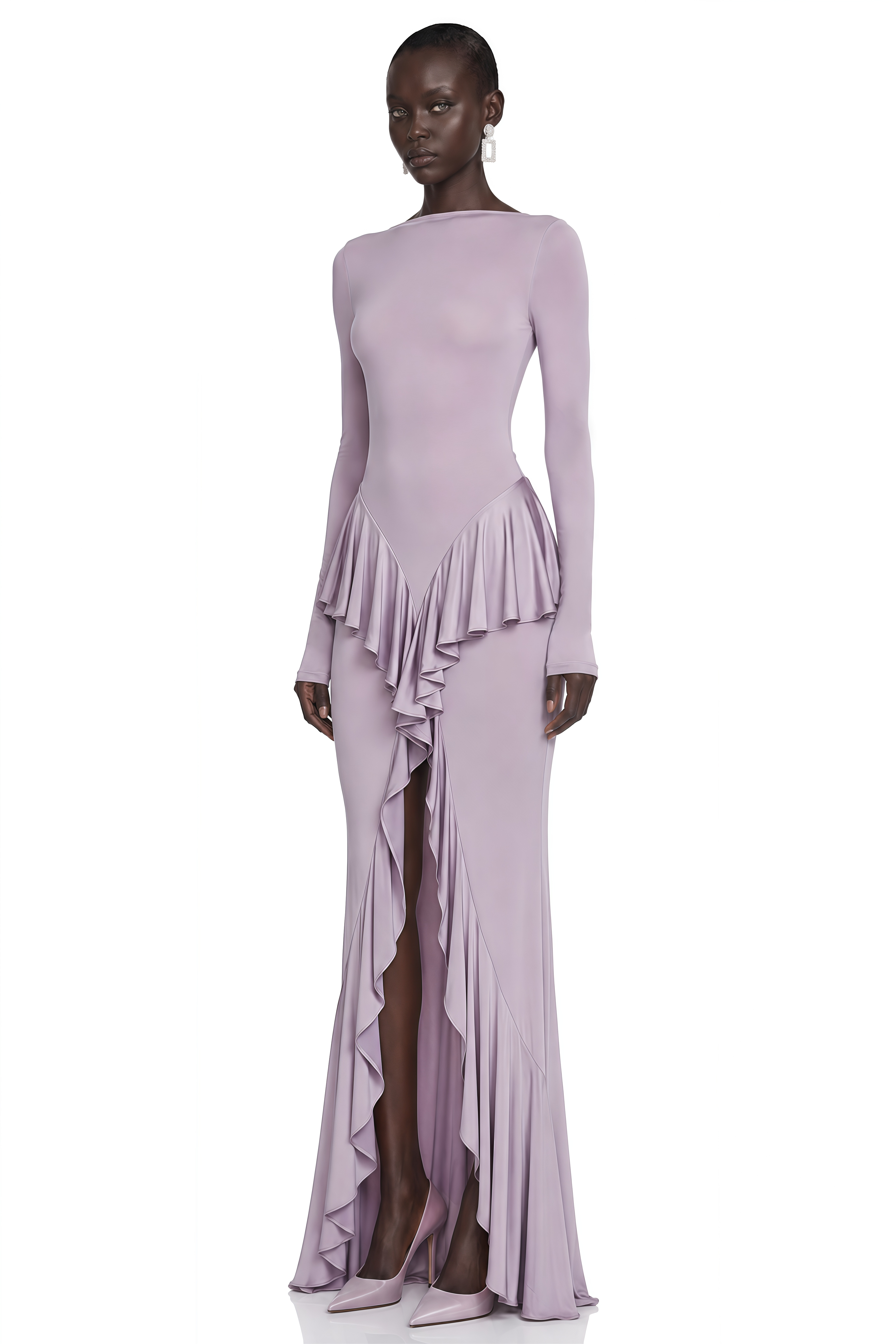 Xenia Purple Ruffle Detail Maxi Dress with Front Slit
