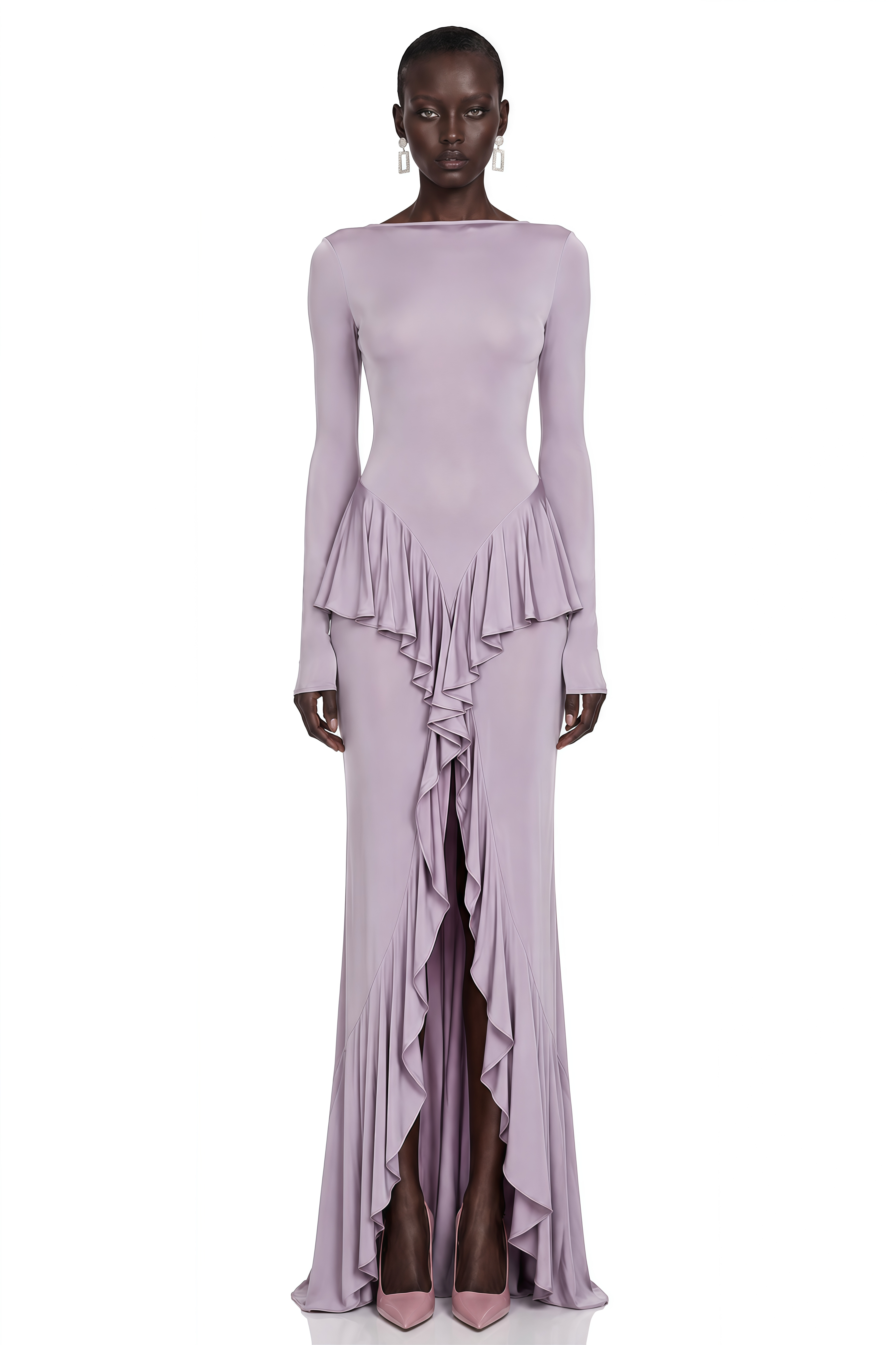 Xenia Purple Ruffle Detail Maxi Dress with Front Slit