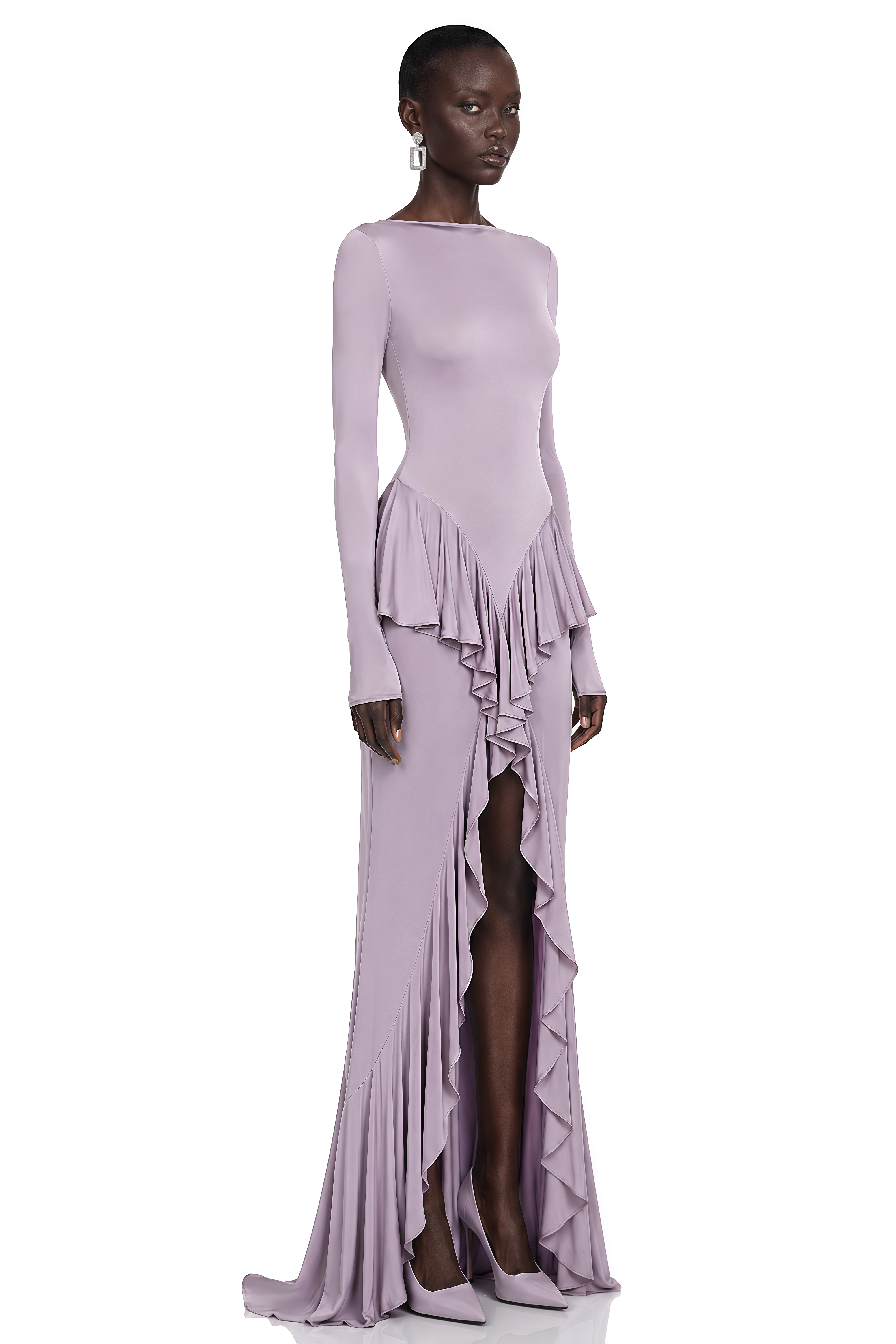 Xenia Purple Ruffle Detail Maxi Dress with Front Slit