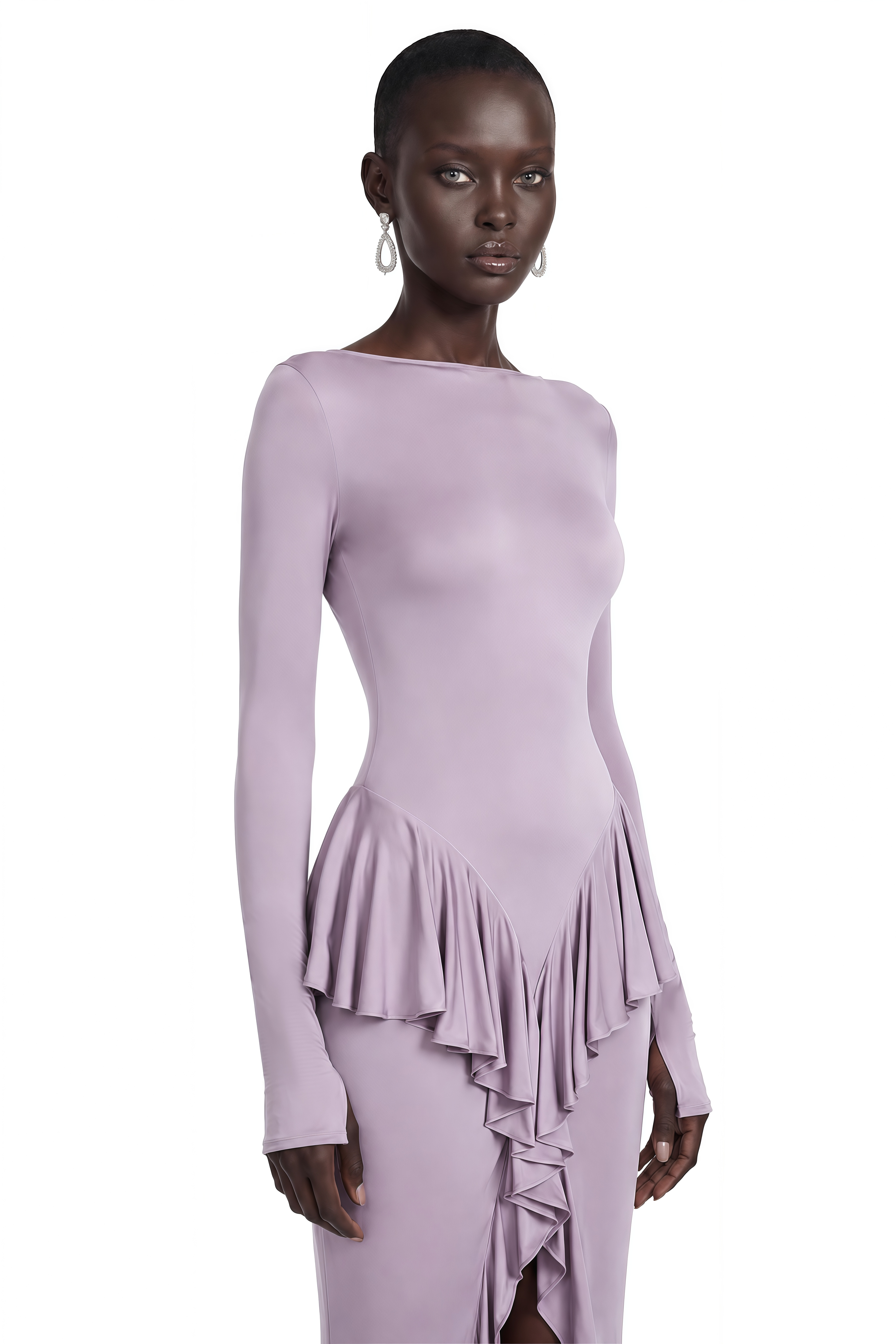 Xenia Purple Ruffle Detail Maxi Dress with Front Slit