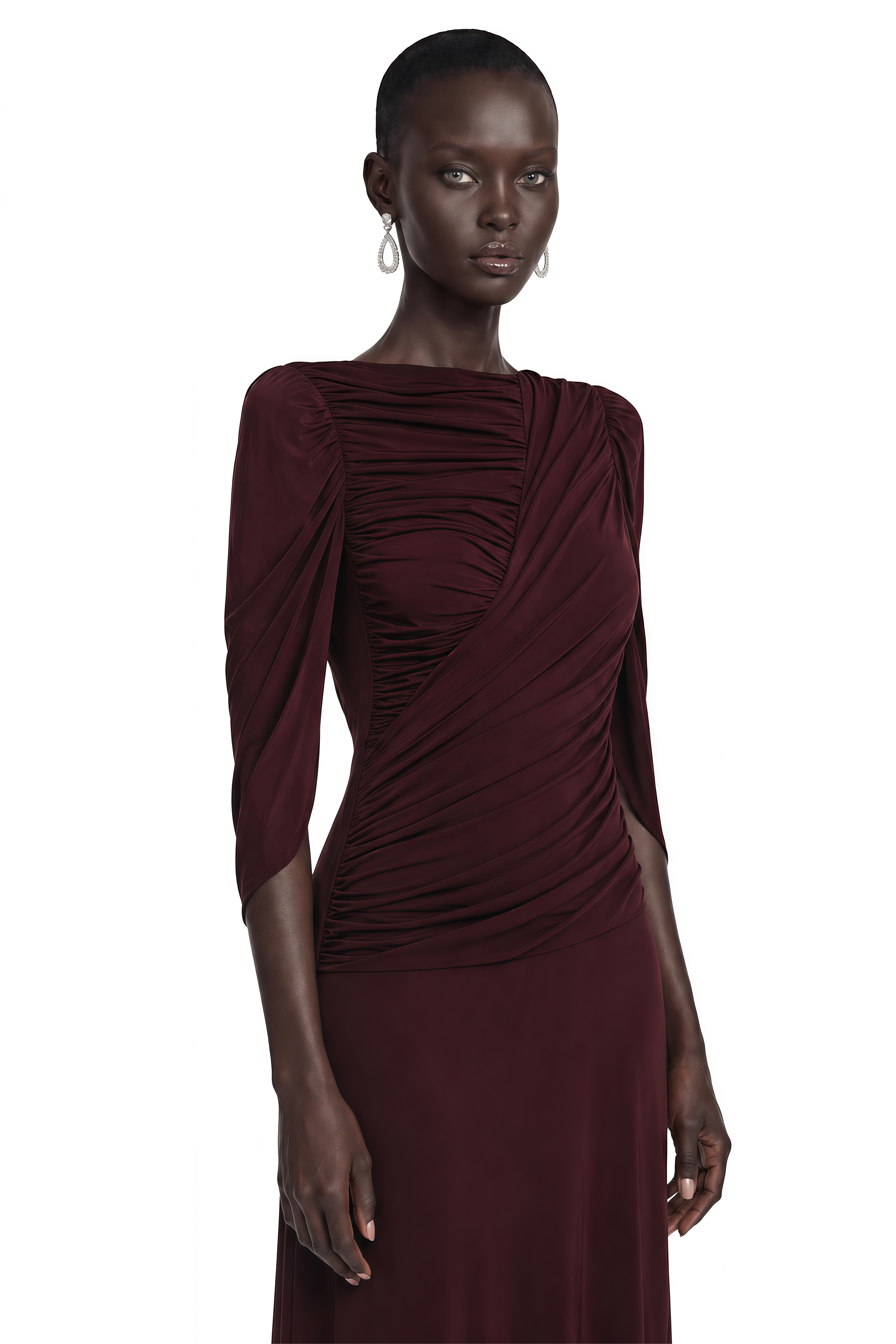 Ximena Burgundy Ruched Long Sleeve Maxi Dress
