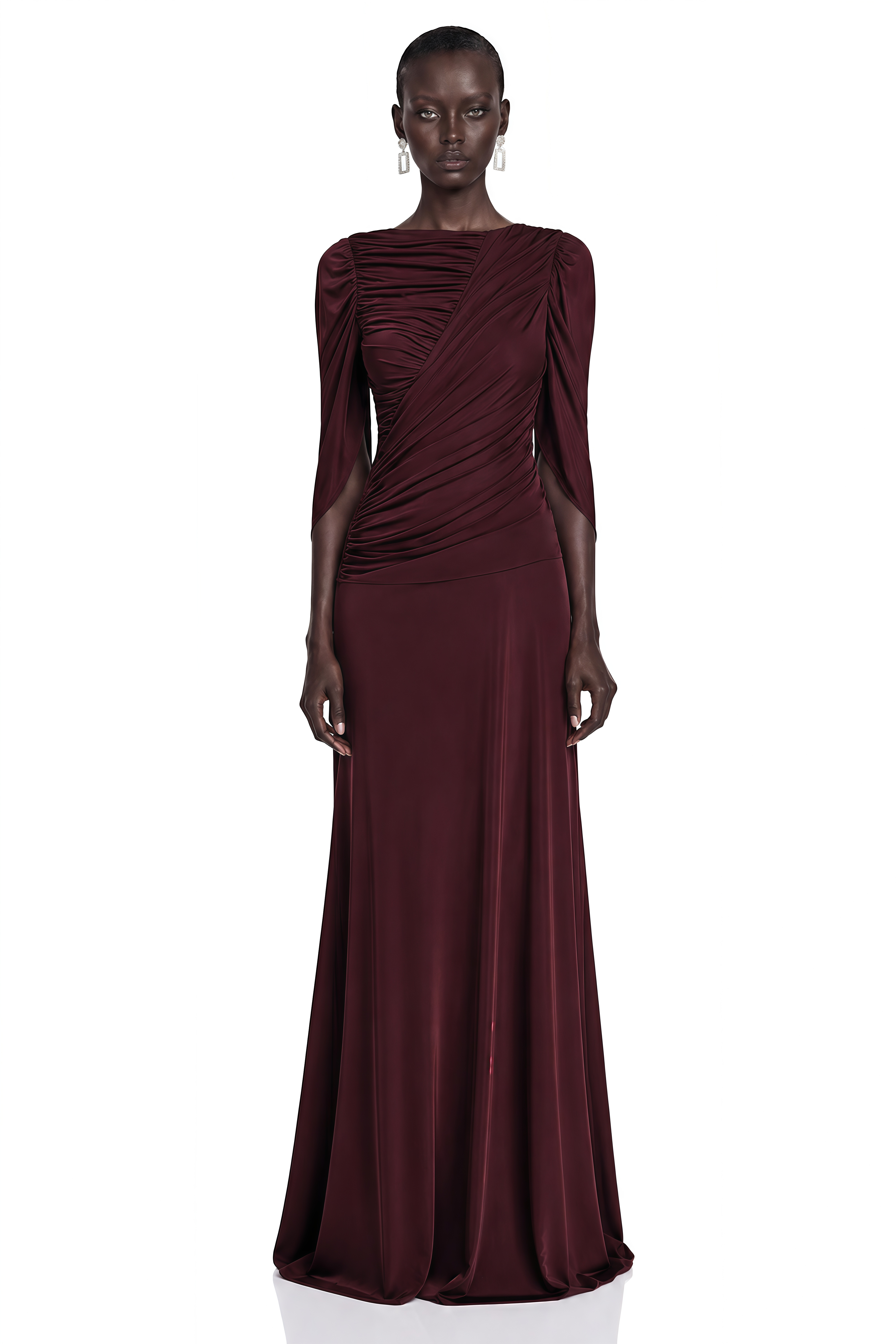 Ximena Burgundy Ruched Long Sleeve Maxi Dress