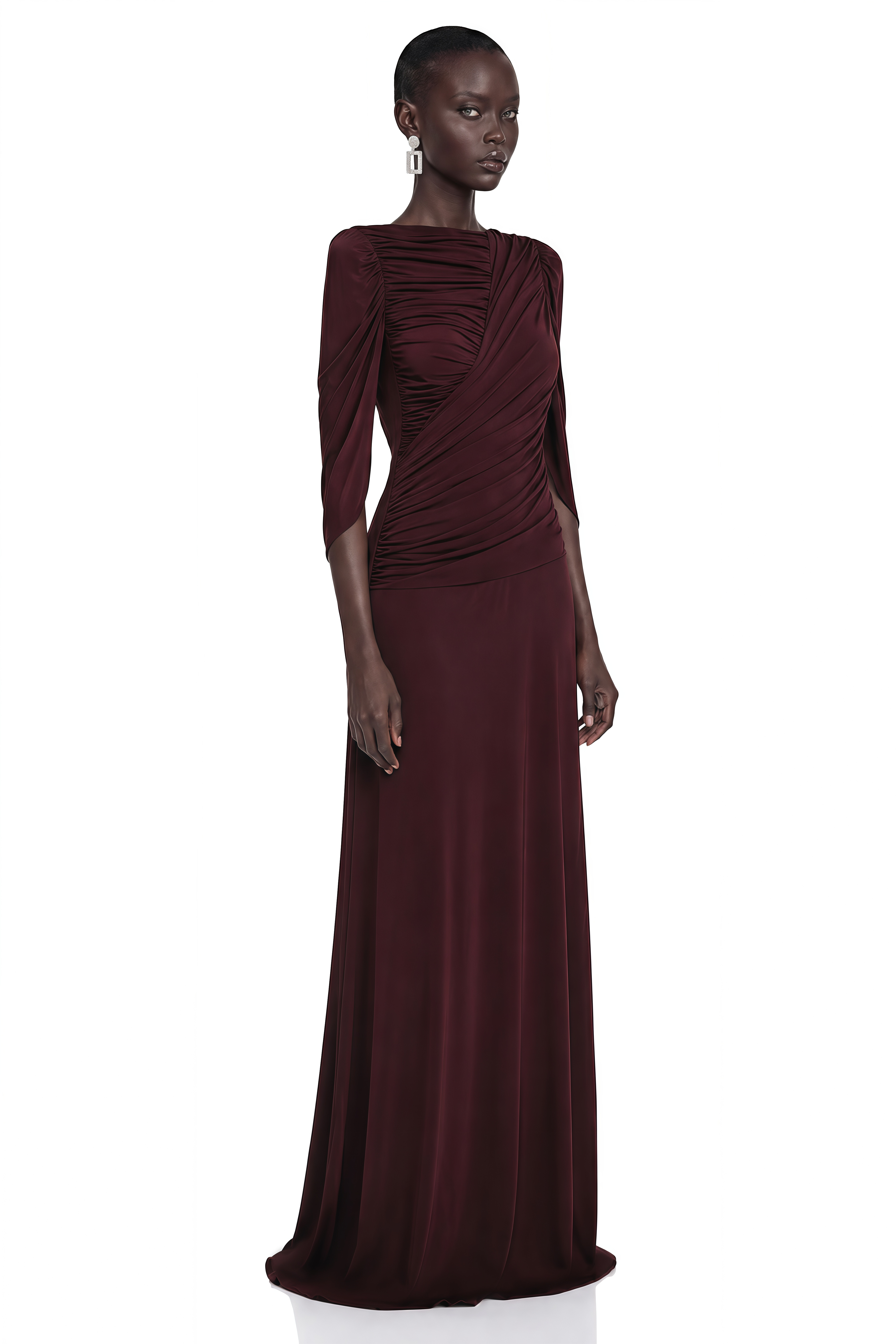 Ximena Burgundy Ruched Long Sleeve Maxi Dress