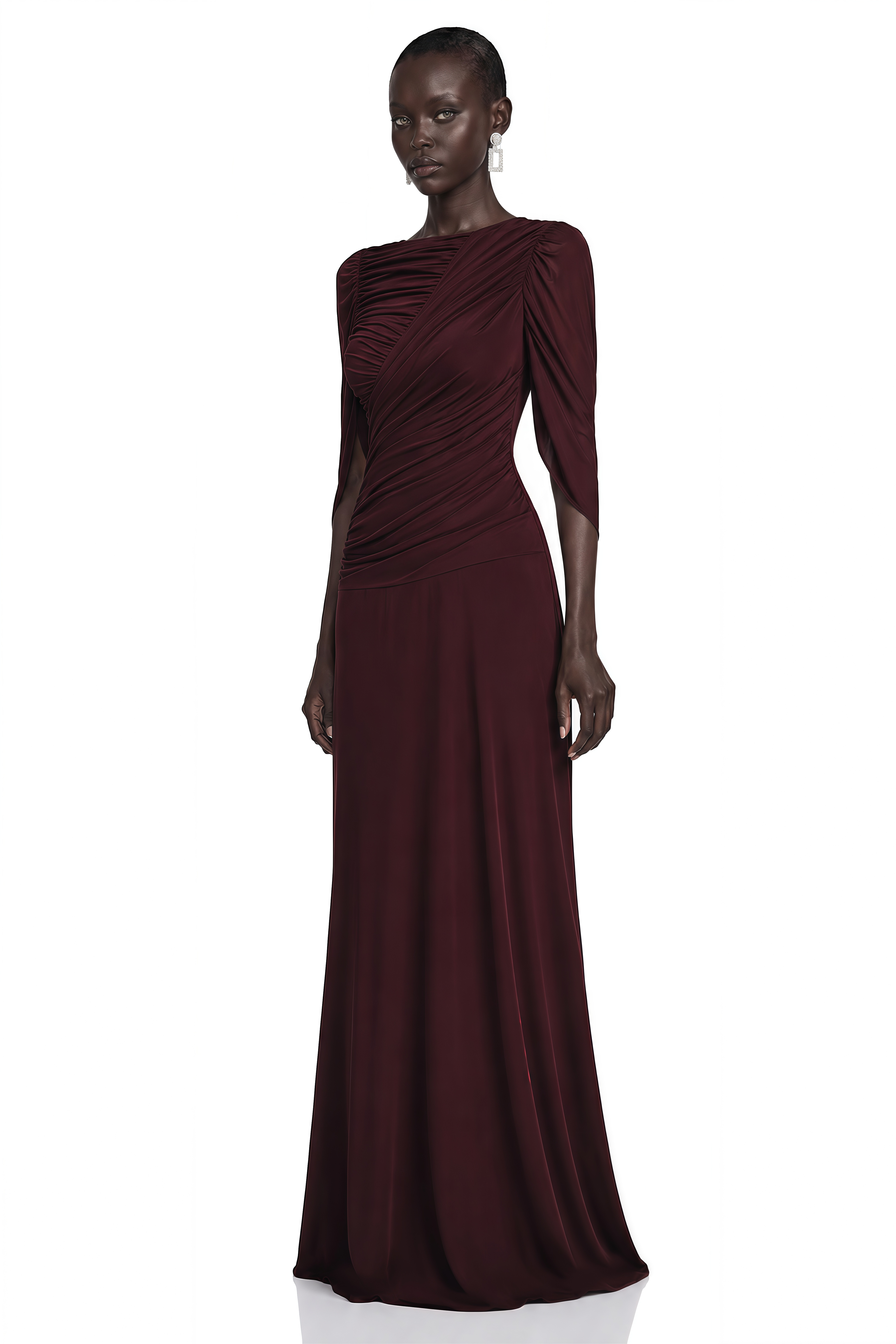 Ximena Burgundy Ruched Long Sleeve Maxi Dress