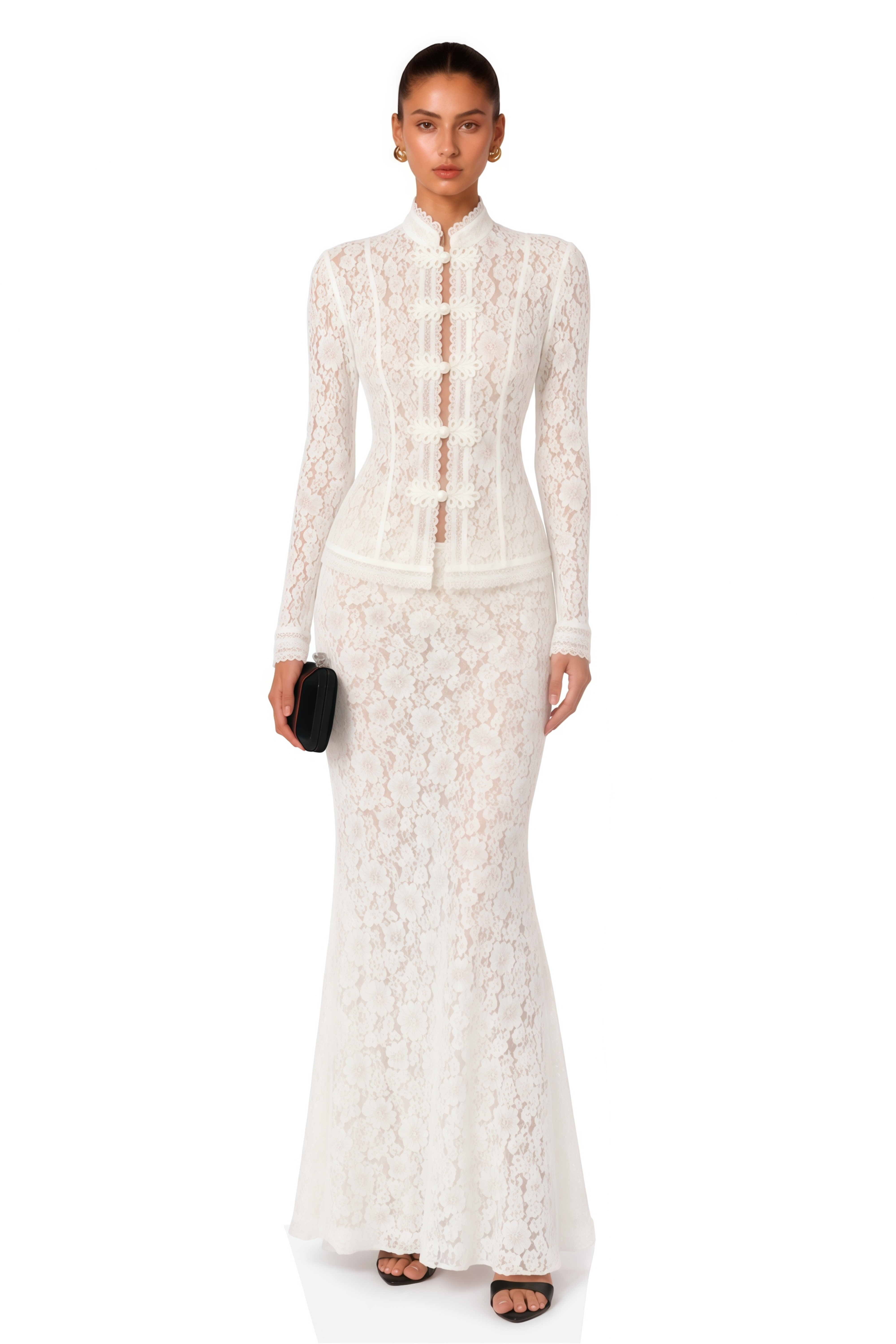 Xquic White Floral Lace Crochet Blouse & Skirt Set
