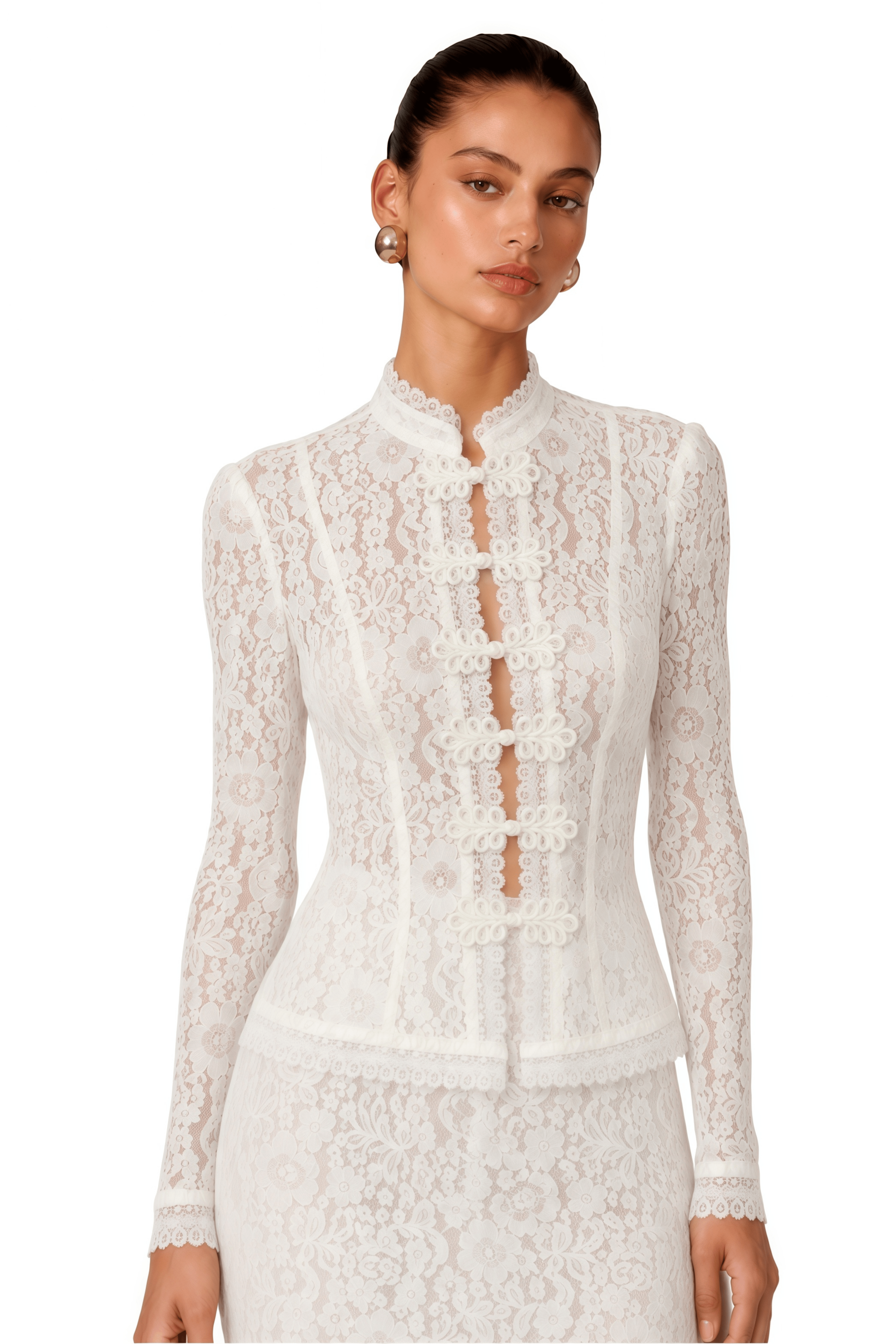 Xquic White Floral Lace Crochet Blouse & Skirt Set