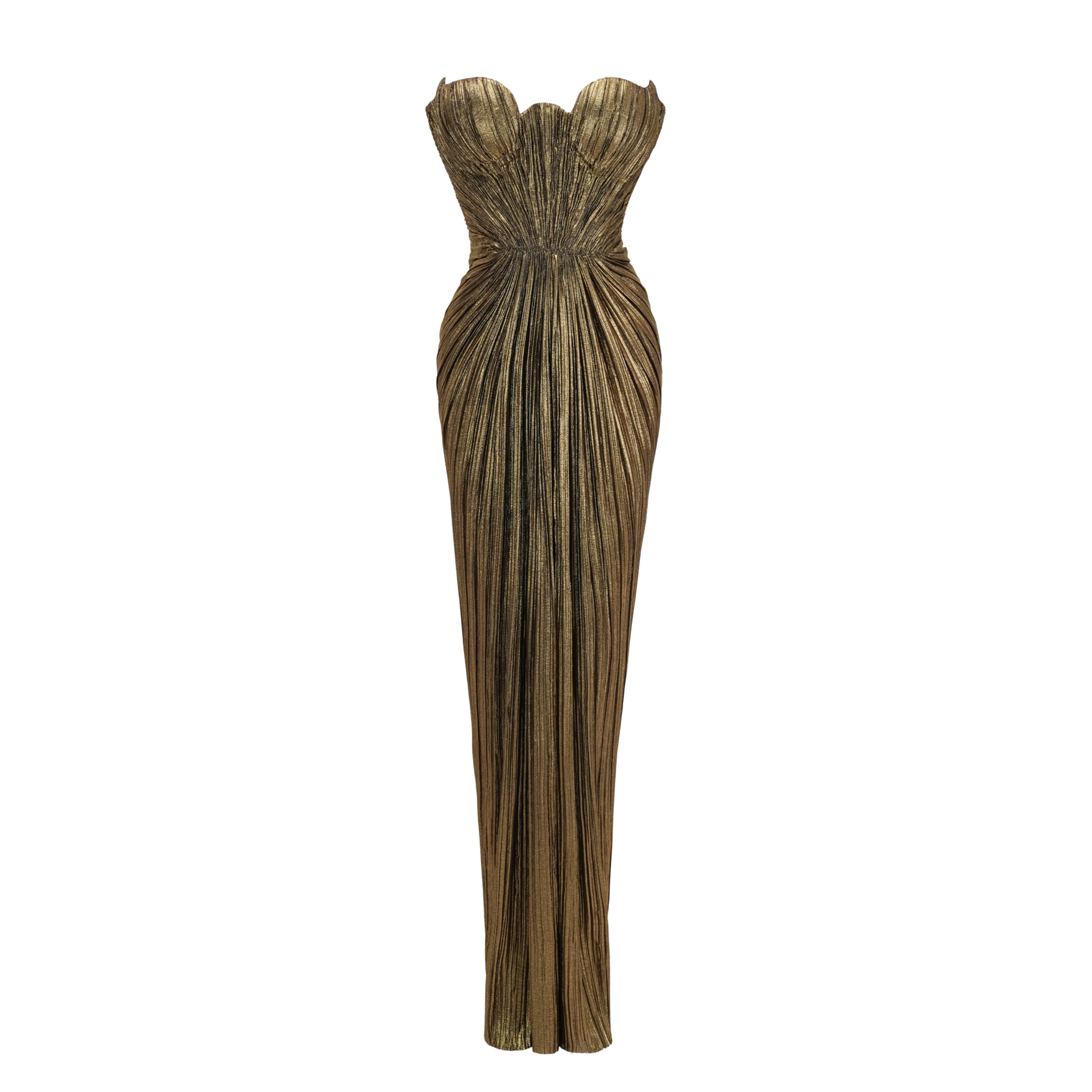 Xrystyna Gold Metallic Ruched Maxi Dress