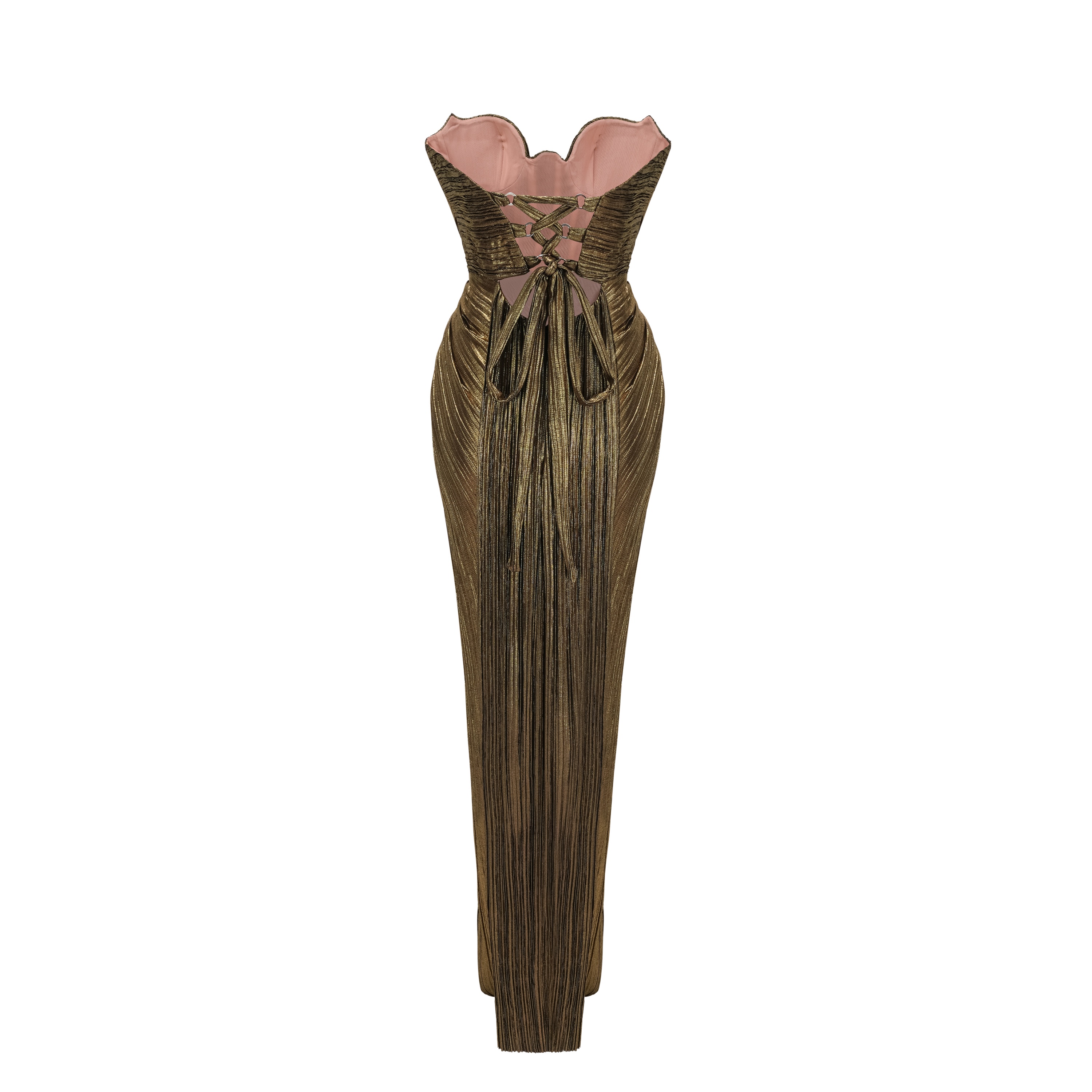Xrystyna Gold Metallic Ruched Maxi Dress