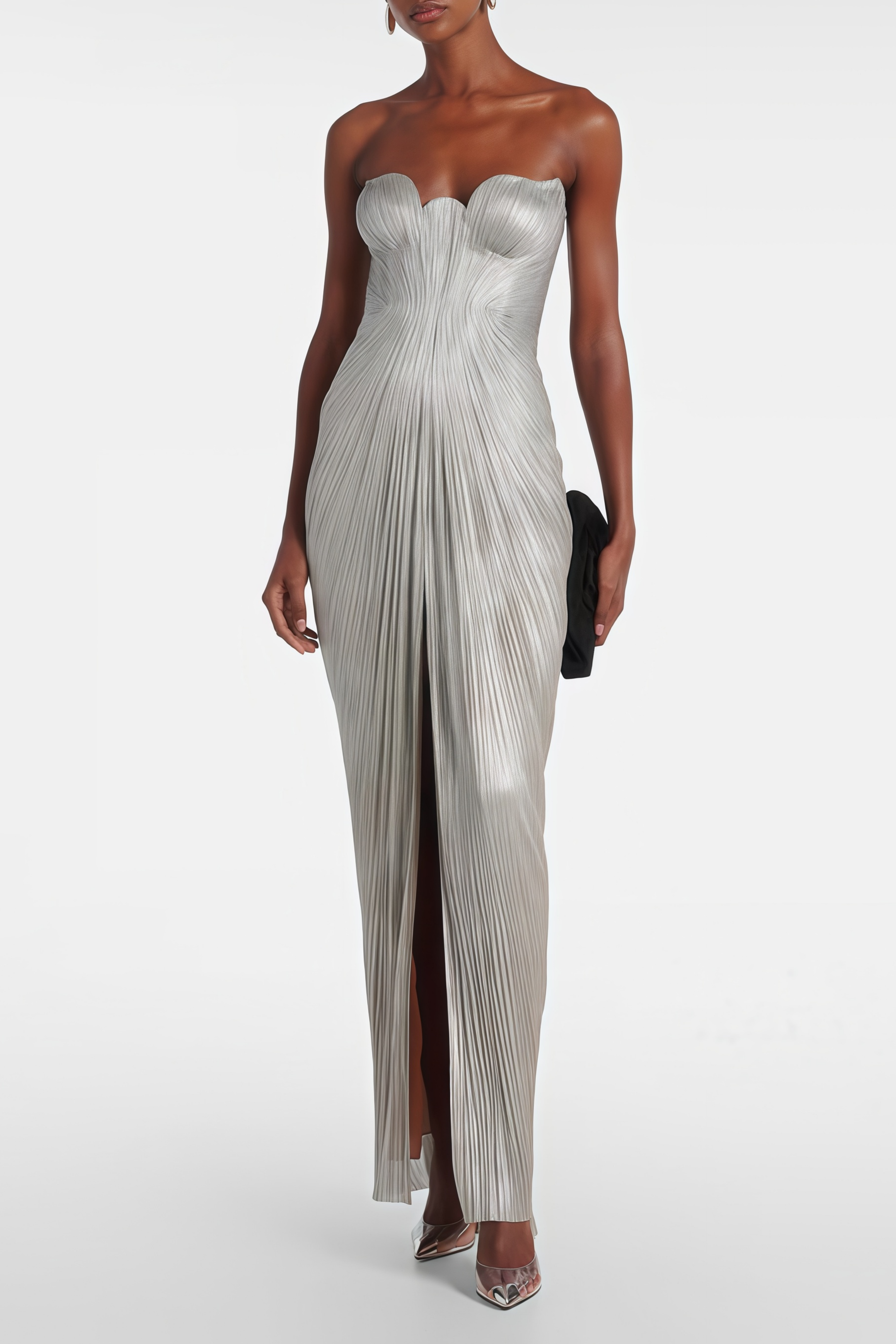Silver Metallic Ruched Maxi Dress