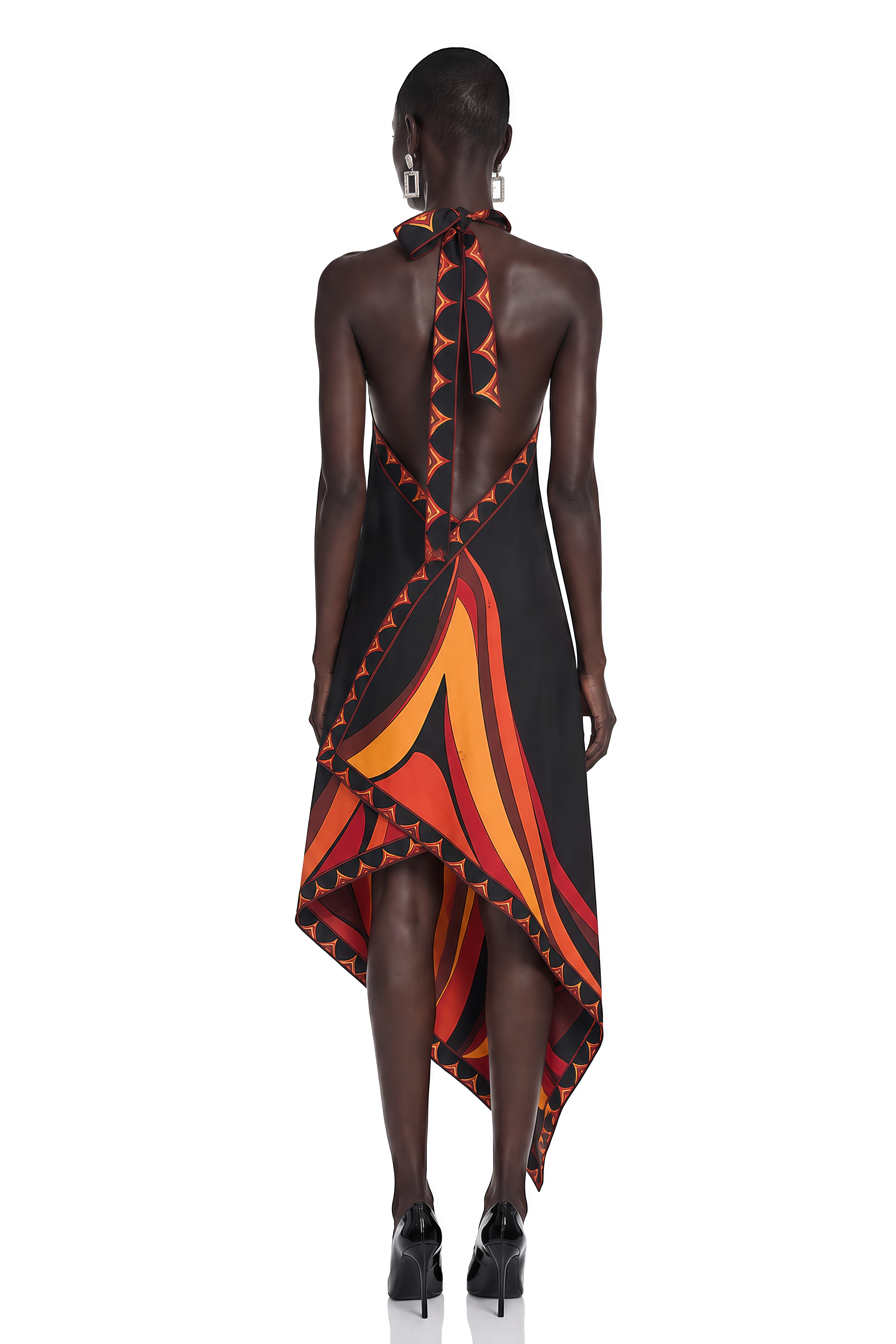 Yasmina Black Abstract Wave Print Halterneck Midi Dress