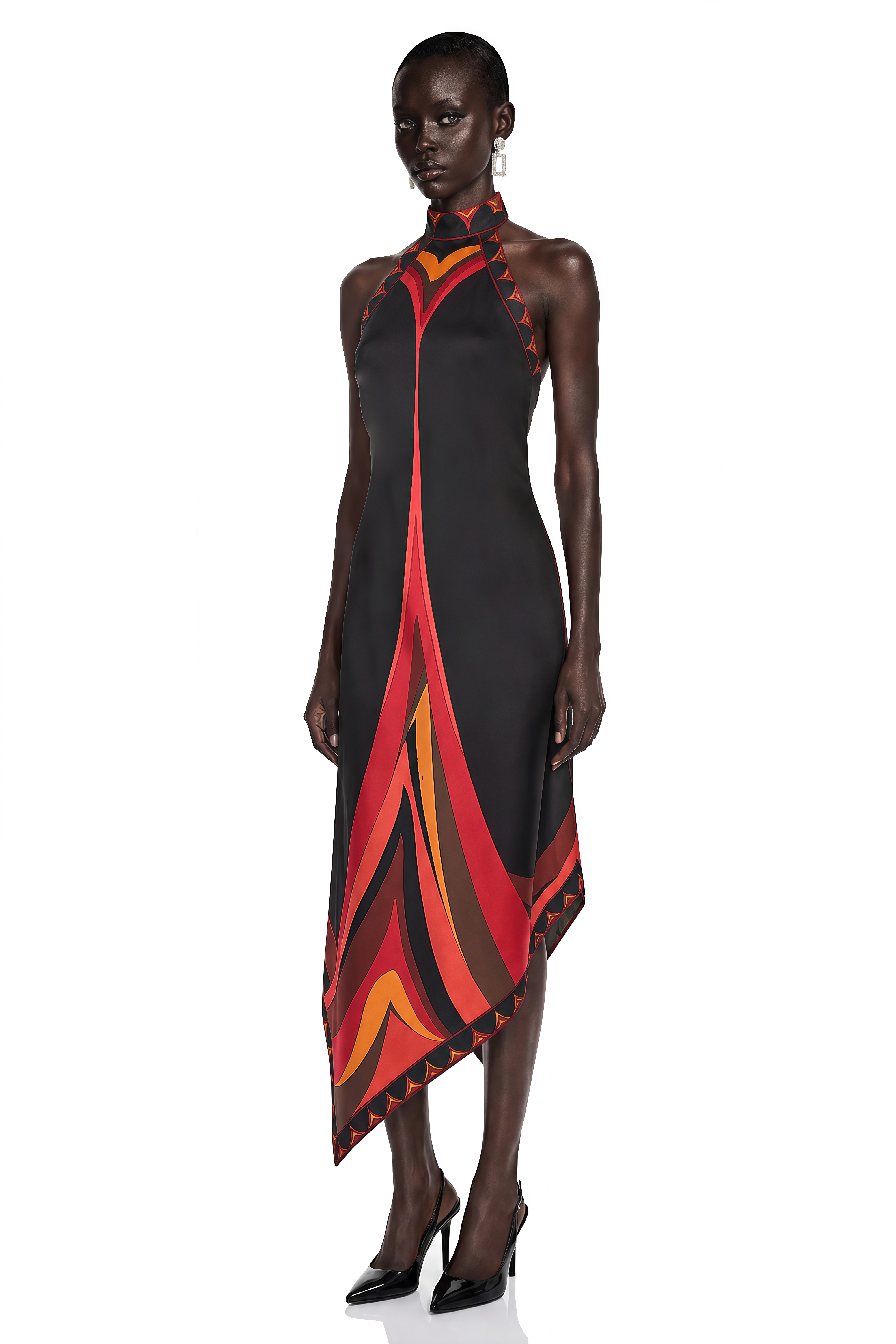 Yasmina Black Abstract Wave Print Halterneck Midi Dress