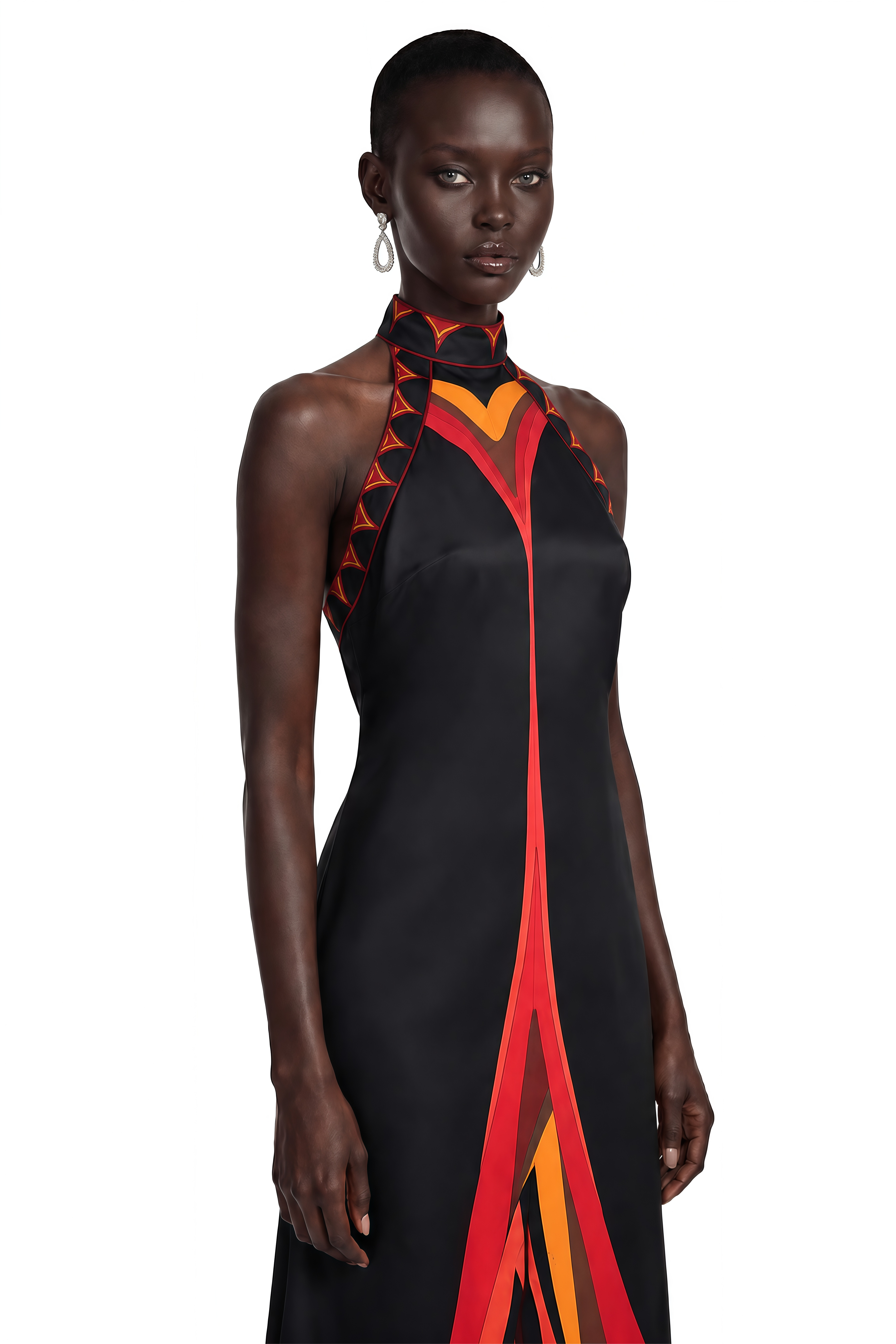 Yasmina Black Abstract Wave Print Halterneck Midi Dress