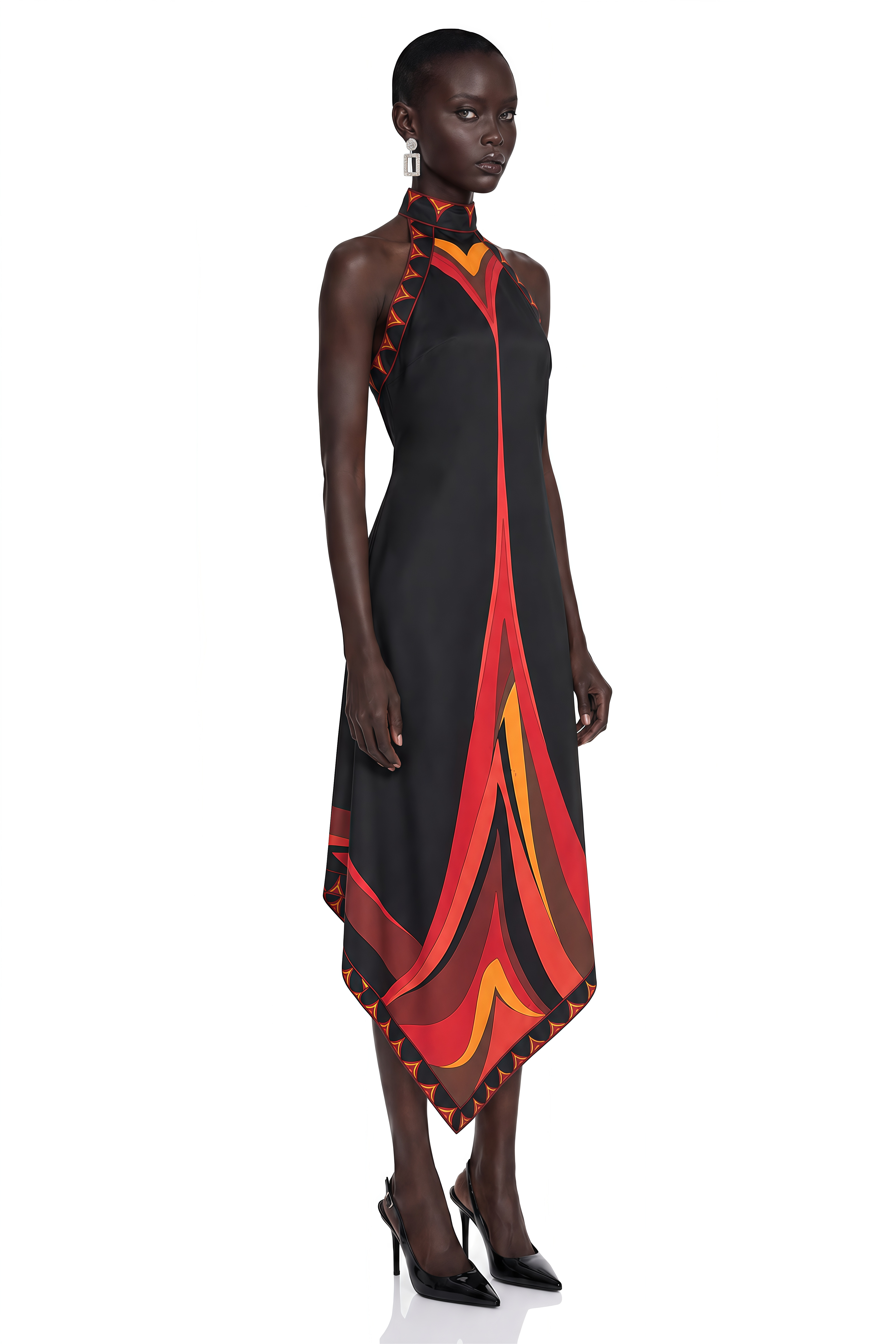 Yasmina Black Abstract Wave Print Halterneck Midi Dress