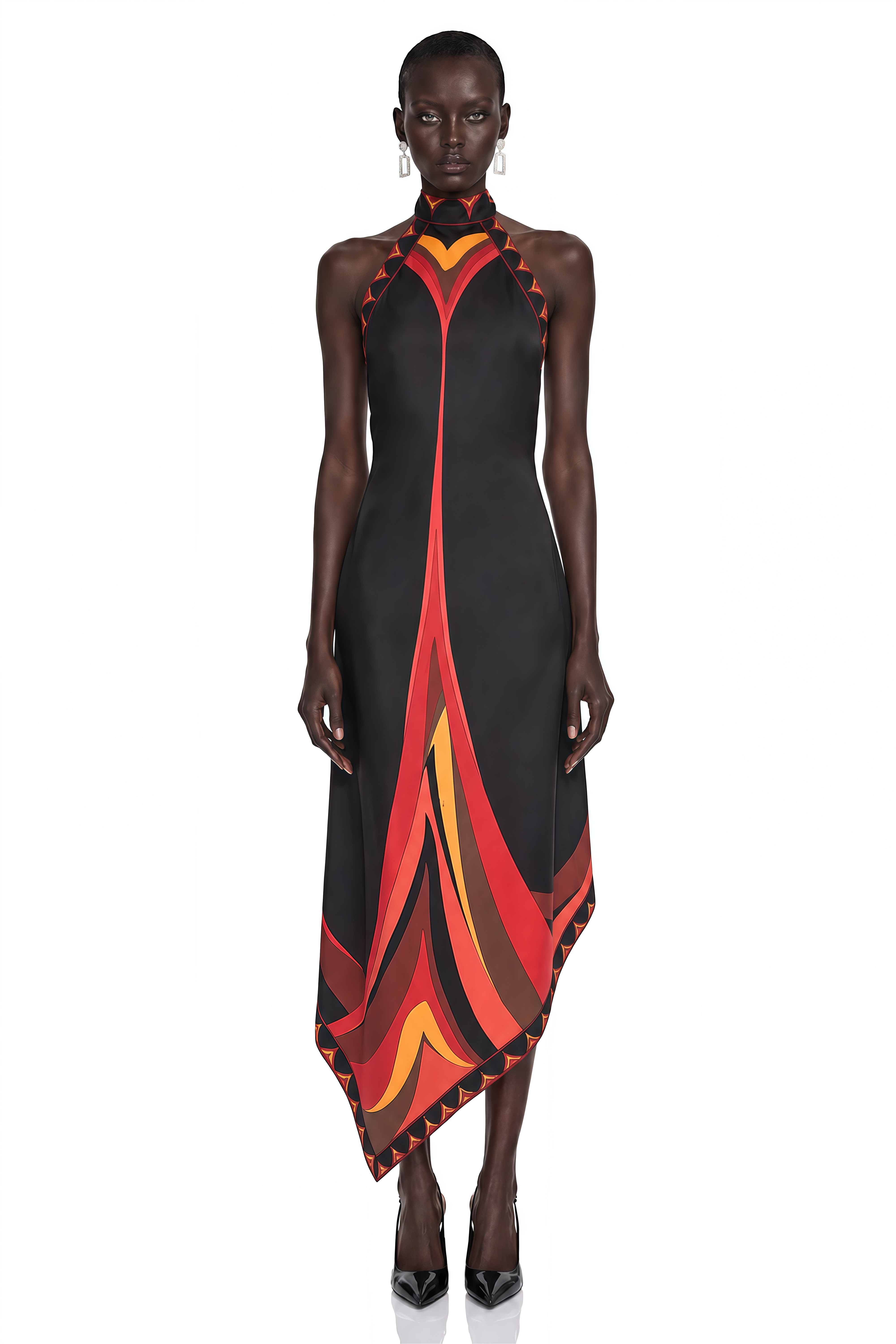 Yasmina Black Abstract Wave Print Halterneck Midi Dress