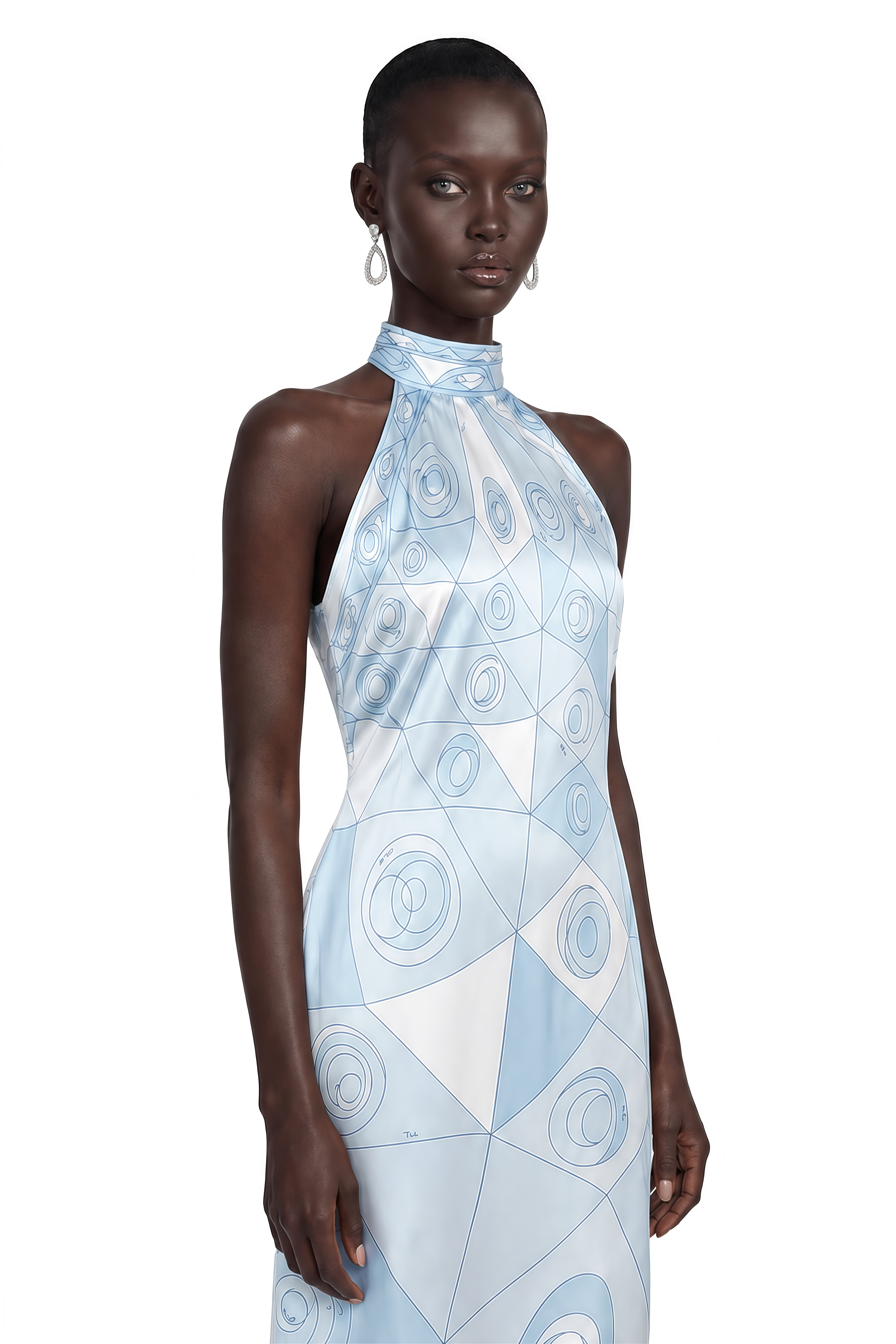 Yasmina Blue Abstract Print Halterneck Midi Dress