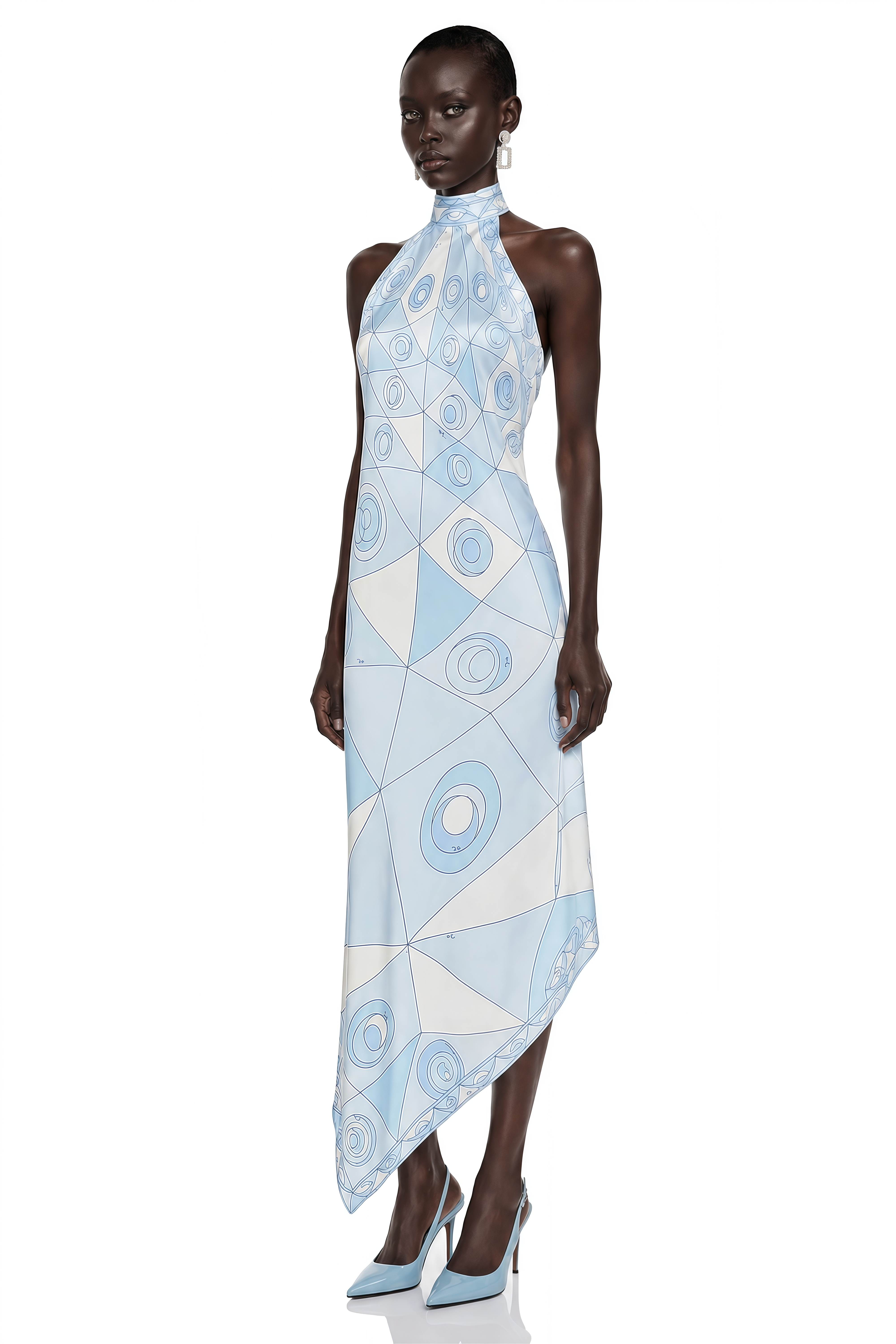 Yasmina Blue Abstract Print Halterneck Midi Dress