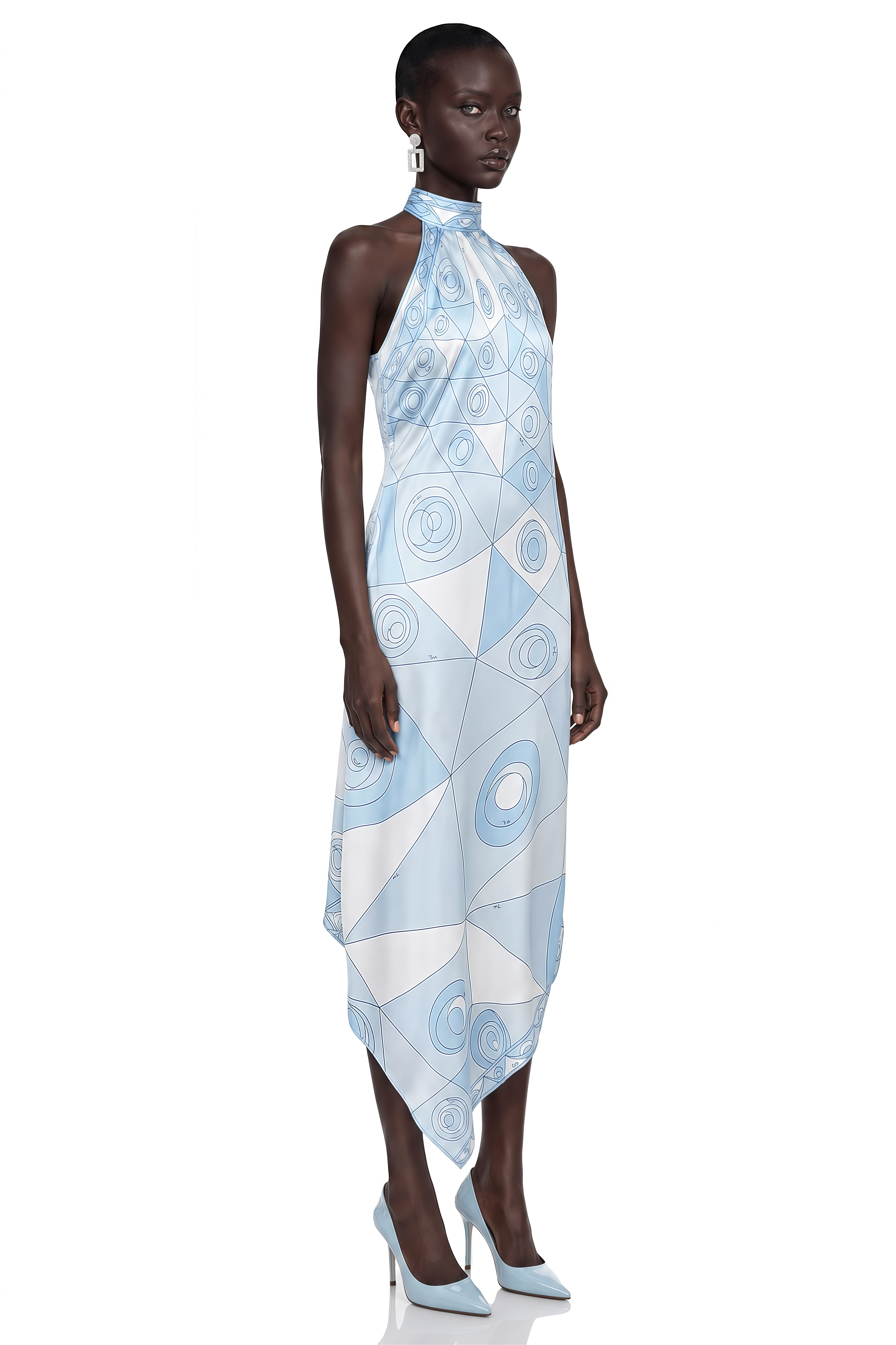 Yasmina Blue Abstract Print Halterneck Midi Dress
