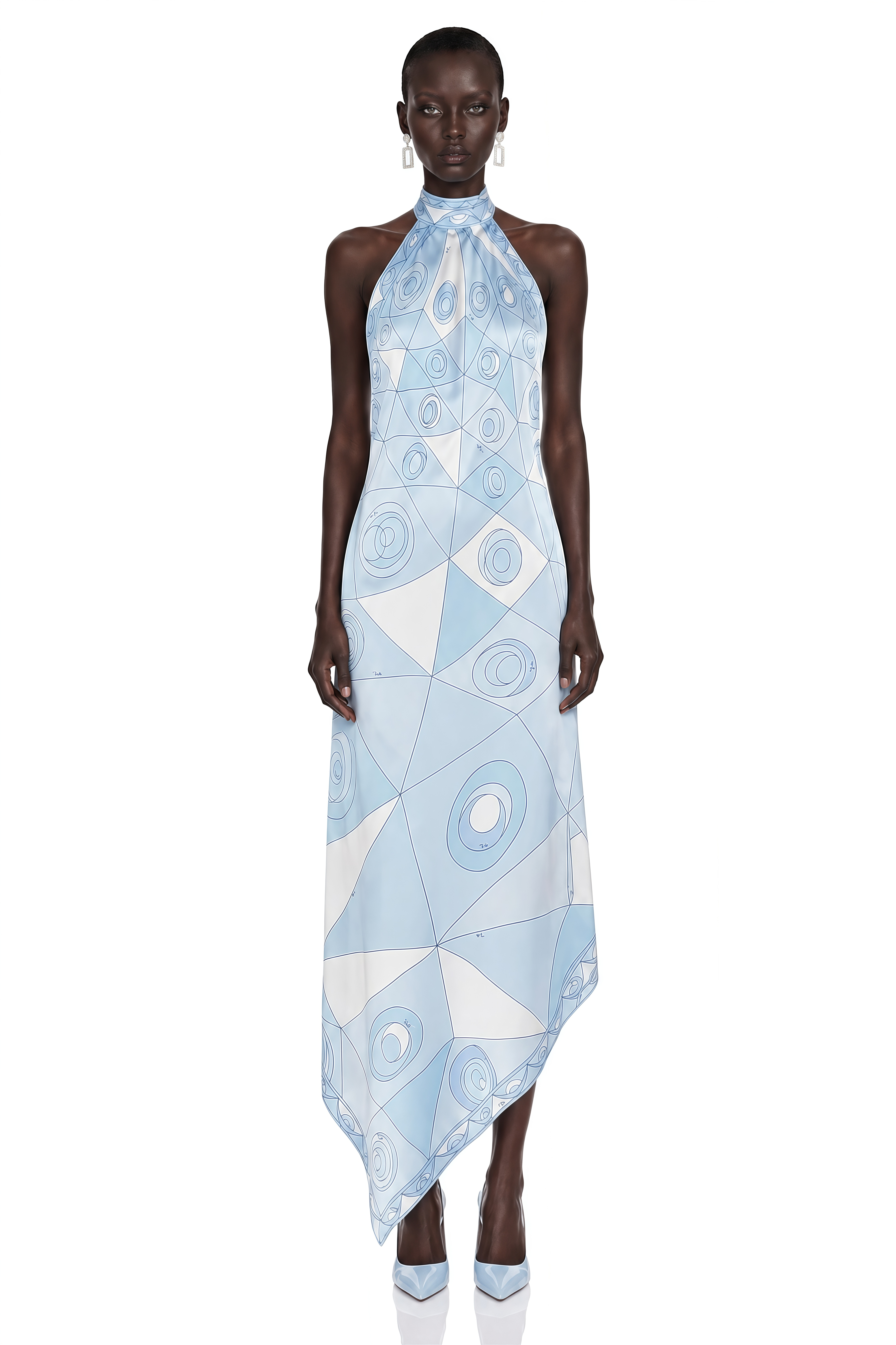 Yasmina Blue Abstract Print Halterneck Midi Dress