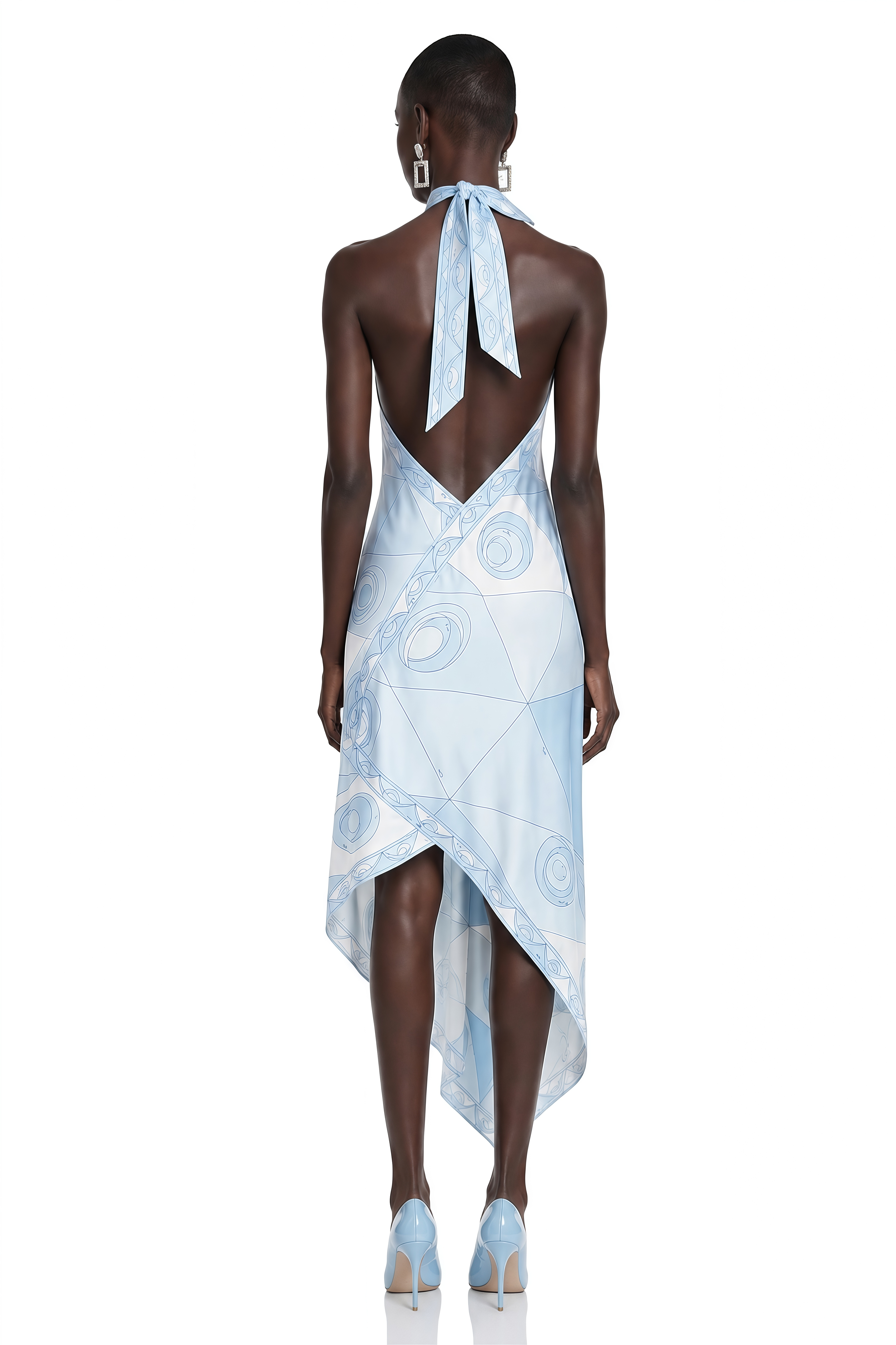 Yasmina Blue Abstract Print Halterneck Midi Dress