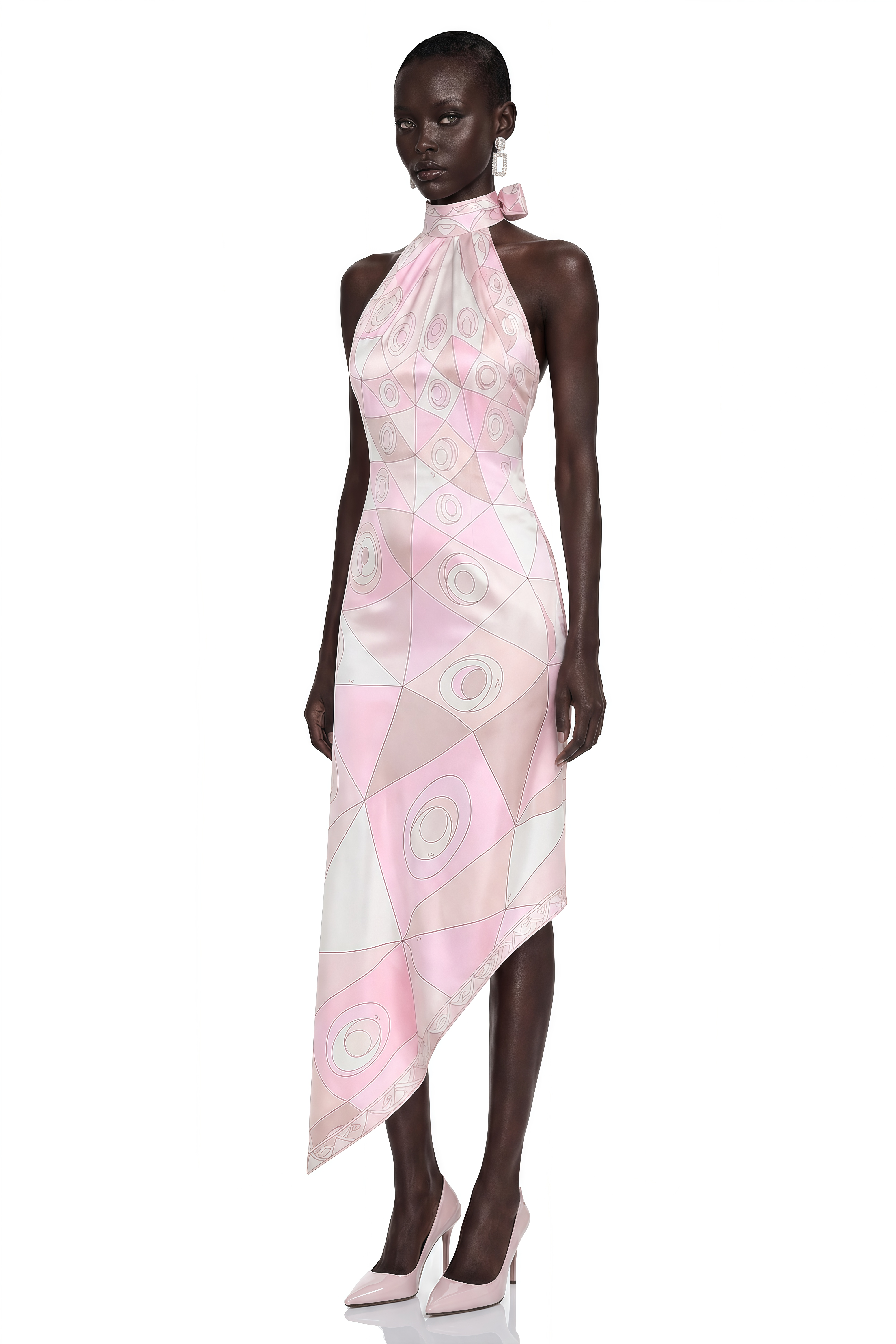 Yasmina Light Pink Geometric Print Halterneck Midi Dress