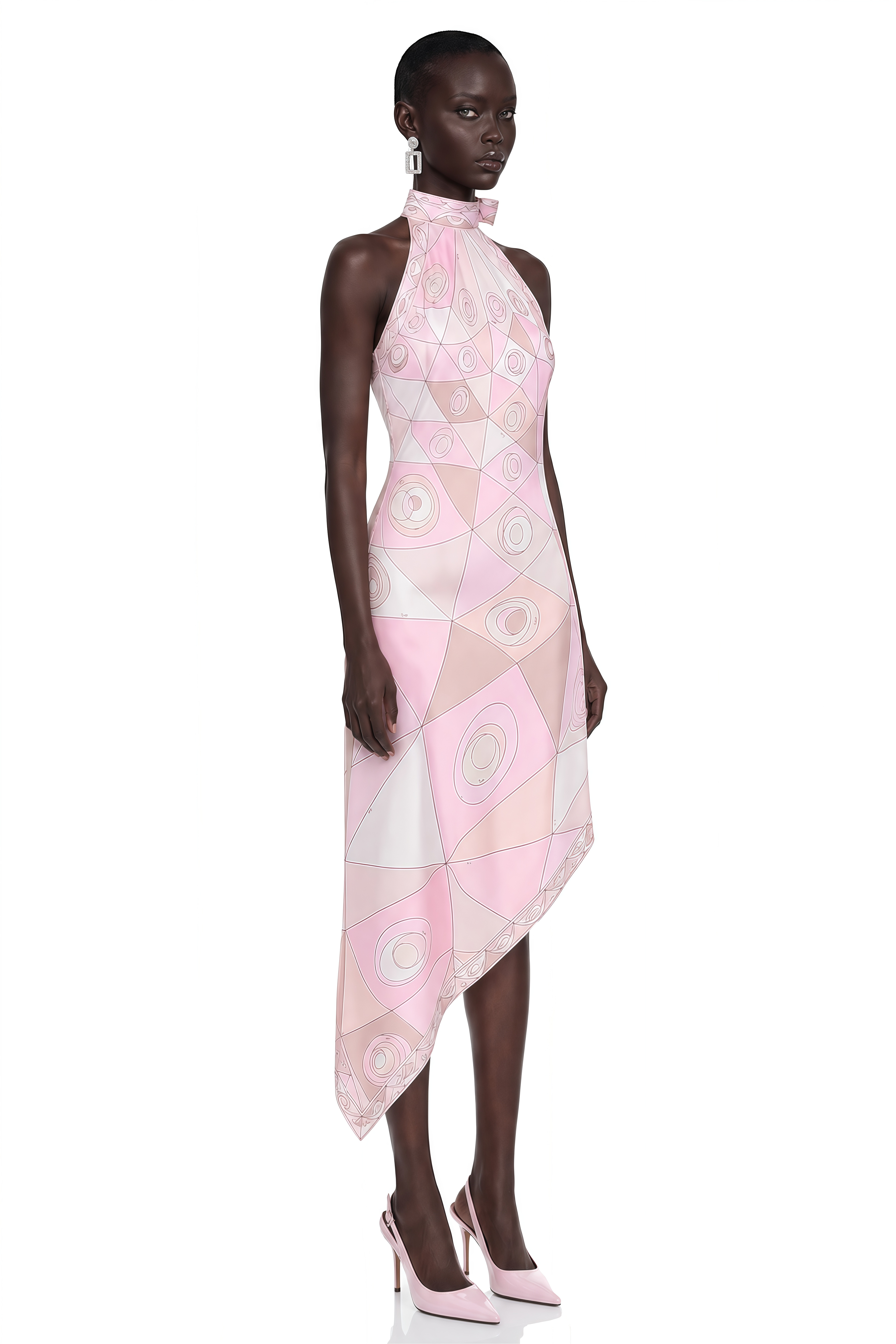 Yasmina Light Pink Geometric Print Halterneck Midi Dress