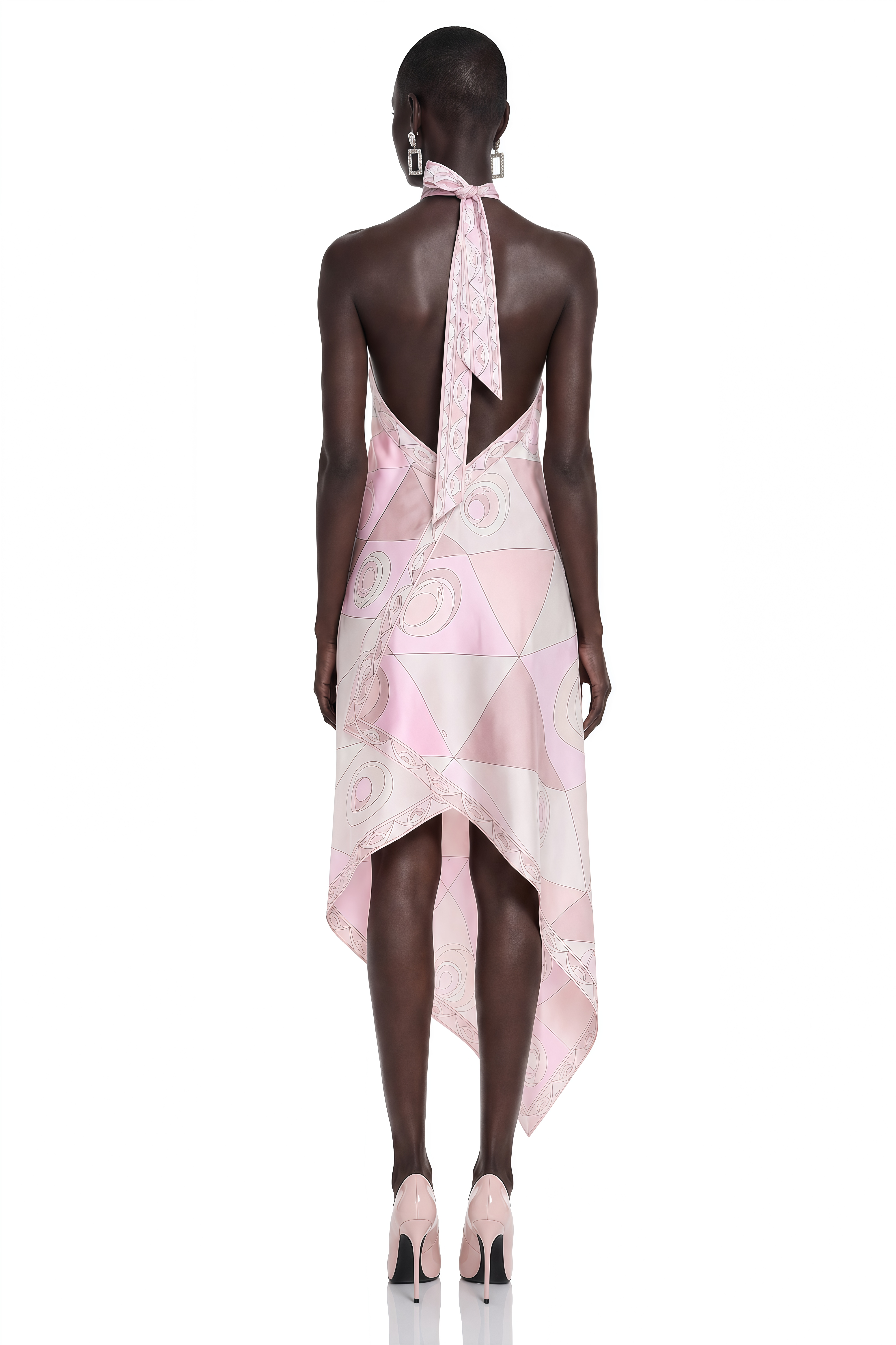 Yasmina Light Pink Geometric Print Halterneck Midi Dress
