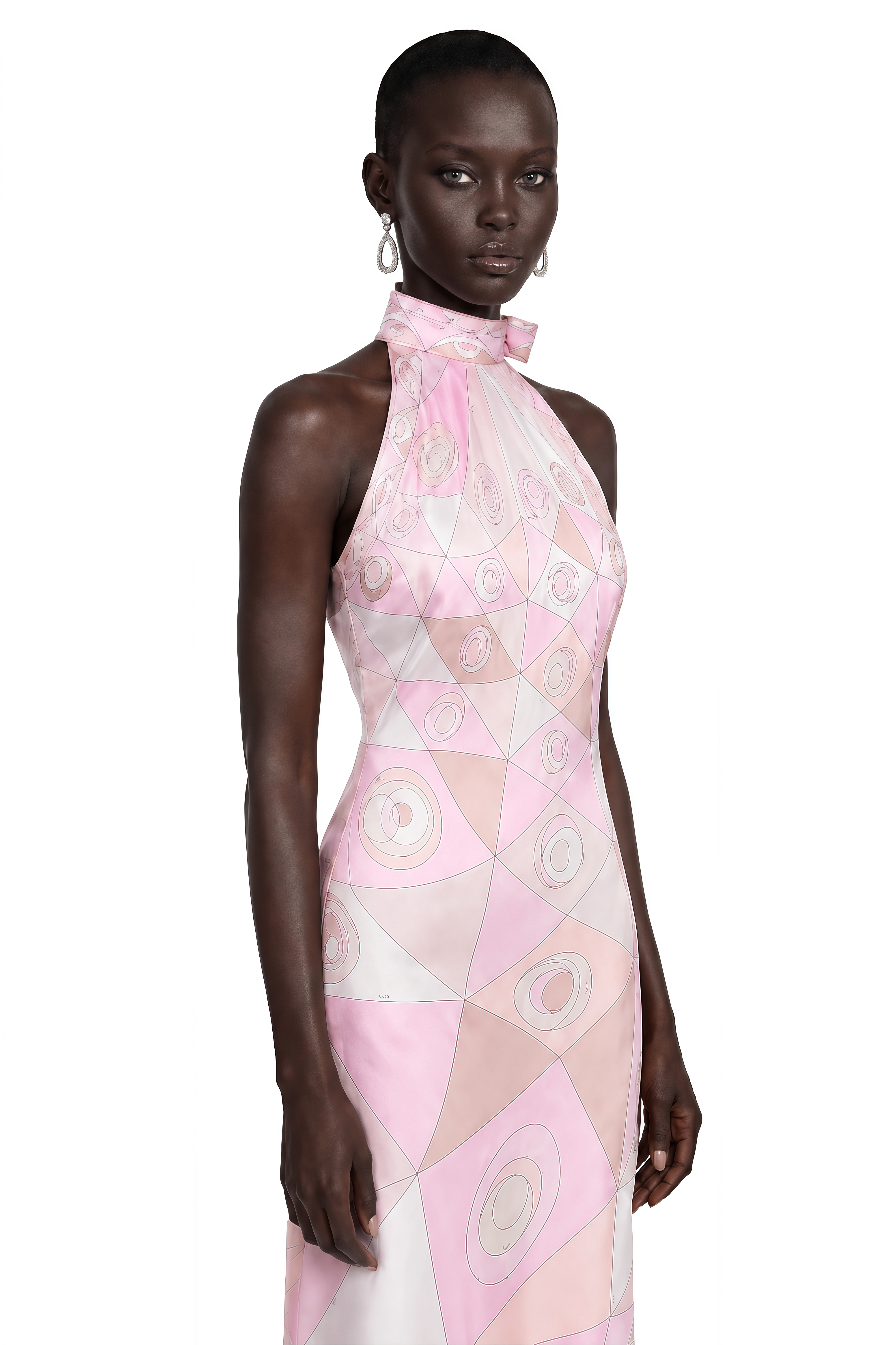 Yasmina Light Pink Geometric Print Halterneck Midi Dress